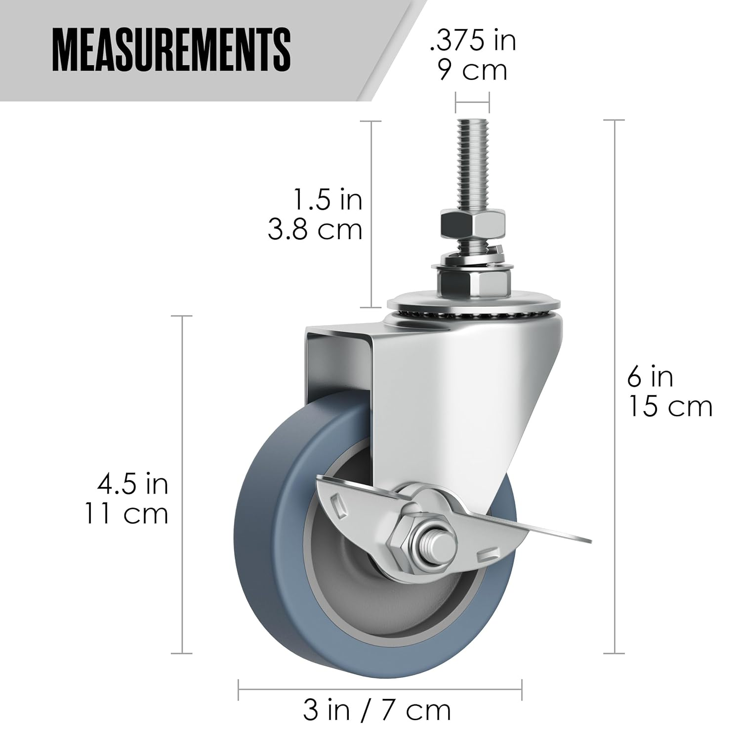 Houseables Caster Wheels Casters Set of 4 3 Inch Rubber Heavy Duty Threaded Stem Mount Industrial Castors Locking Metal Swivel Wheel Replacement for Carts Furniture Dolly Workbench Trolley image number 5
