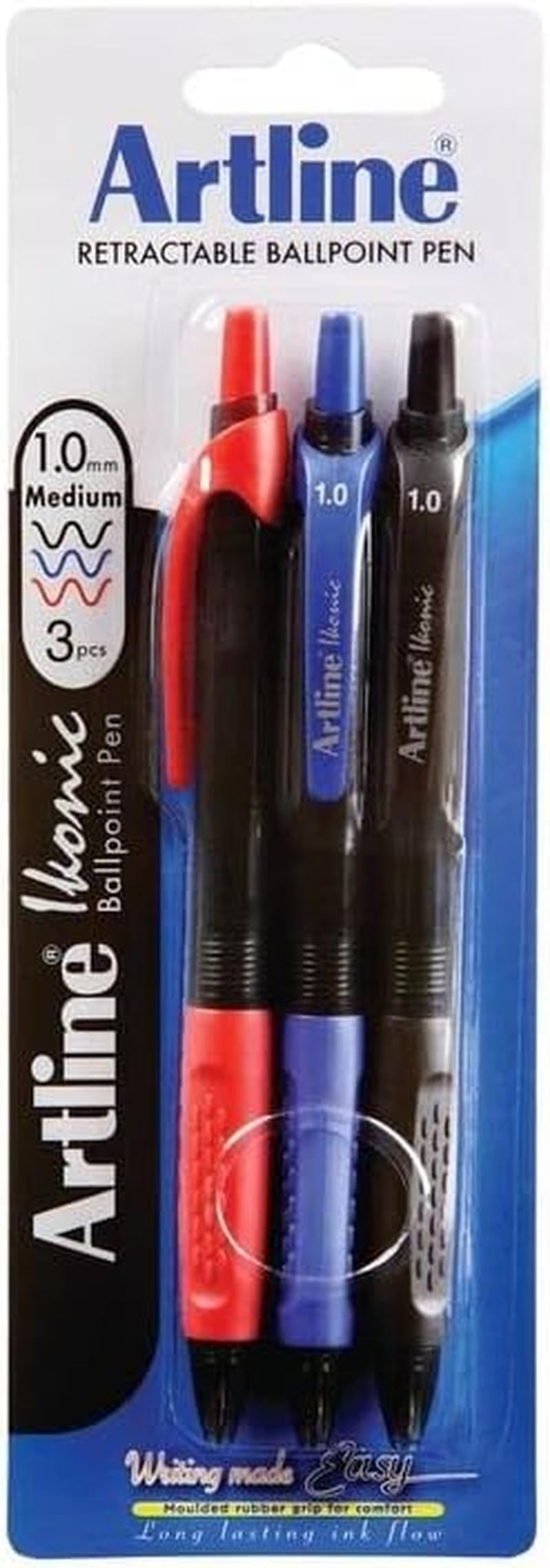 Artline, IK1840741, Ikonic Retractable Ballpoint Pen, 1Mm, Assorted Colours, 3 Pack