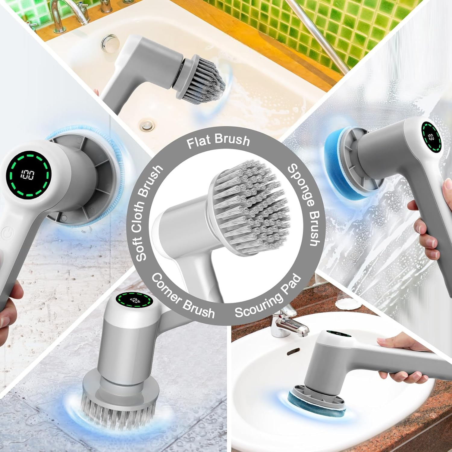 Cordless Electric Spin Scrubber &ndash; 5-In-1 Waterproof Brush Set with 2 Speeds & LED Display | Ideal for Bathroom Grout, Kitchen Grease, Tile & Tubs image number 2