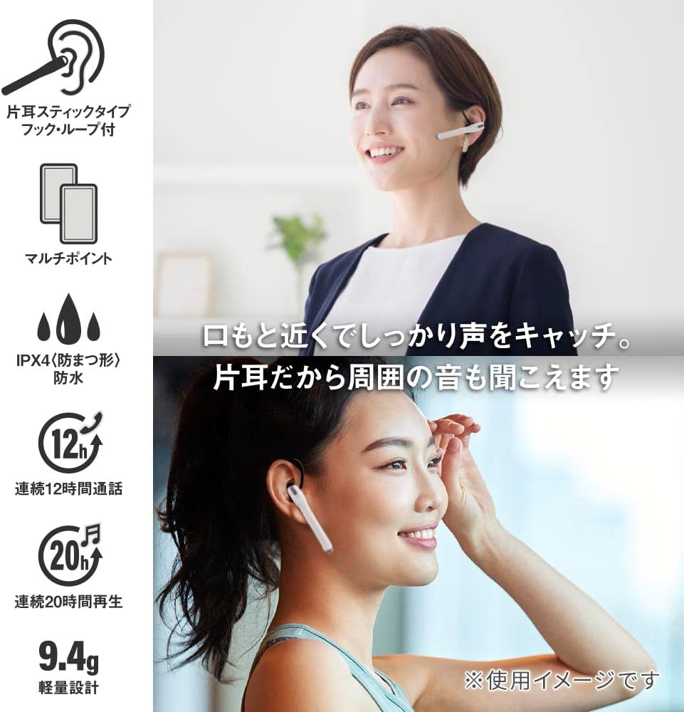 Ohm Electric Audiocomm HST-W60N-W 03-0493 OHM Earphones, Single Earphones, Headset, Microphone, Incoming Calls, Lightweight, Hook Type, Bluetooth, Multi-Point, In-Ear Type, White image number 5