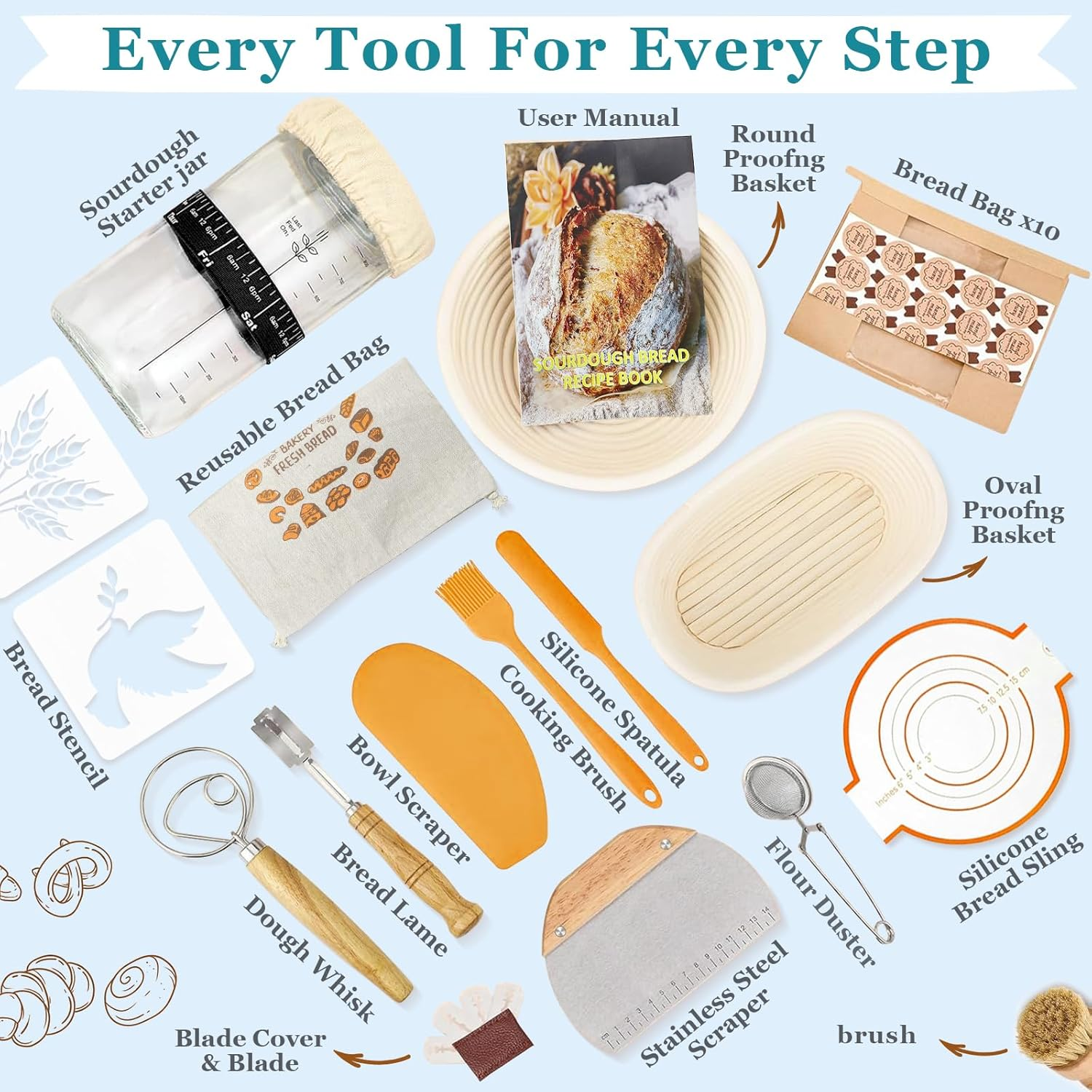 Banneton Bread Proofing Basket, Sourdough Bread Baking Supplies,Round 9 Inch Complete Sourdough Starter Kit,Bread Proofing Basket,Bread Making Supplies Tools for Baking,Banneton Basket Gift Set image number 2