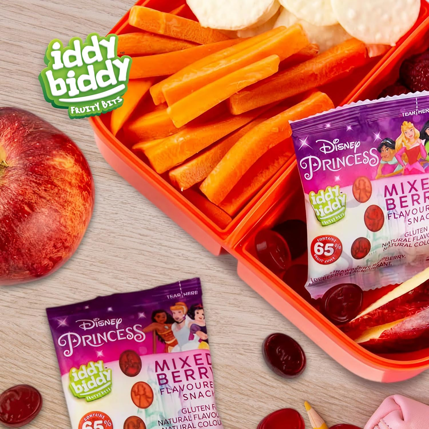 Iddy Biddy Disney Princess Fruit Snack, Mixed Berry, 8 Snack Pack, 160G - Gluten Free, Natural Colours & Flavours, 65% Fruit Juice, Kids Lunch Box Treats image number 3