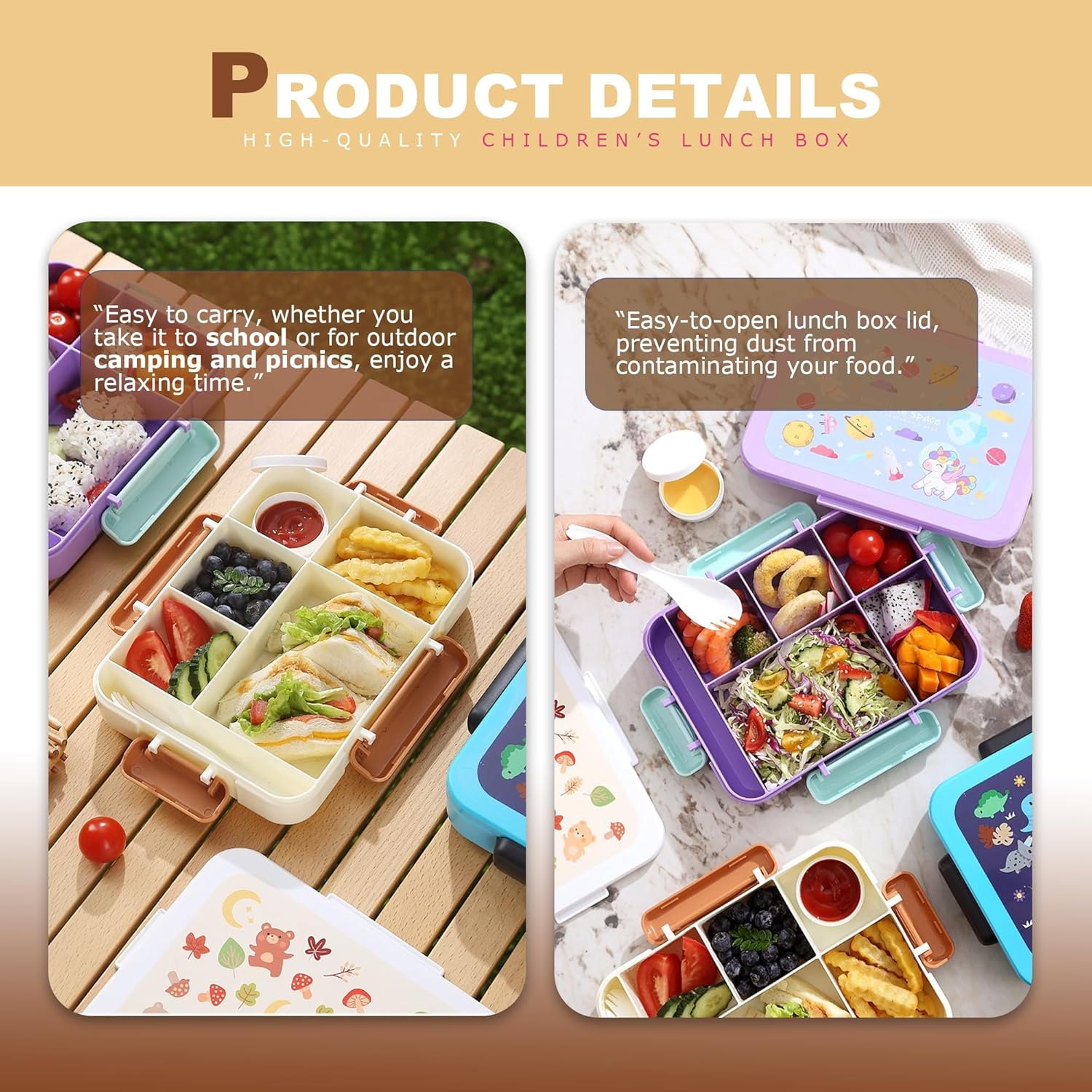 STRONGBERRY Kids Lunch Box, Healthy and Microwave - Safe, Dinosaur Parade, Purple Unicorn, Brown Bear Designs (Brown Little Bear)