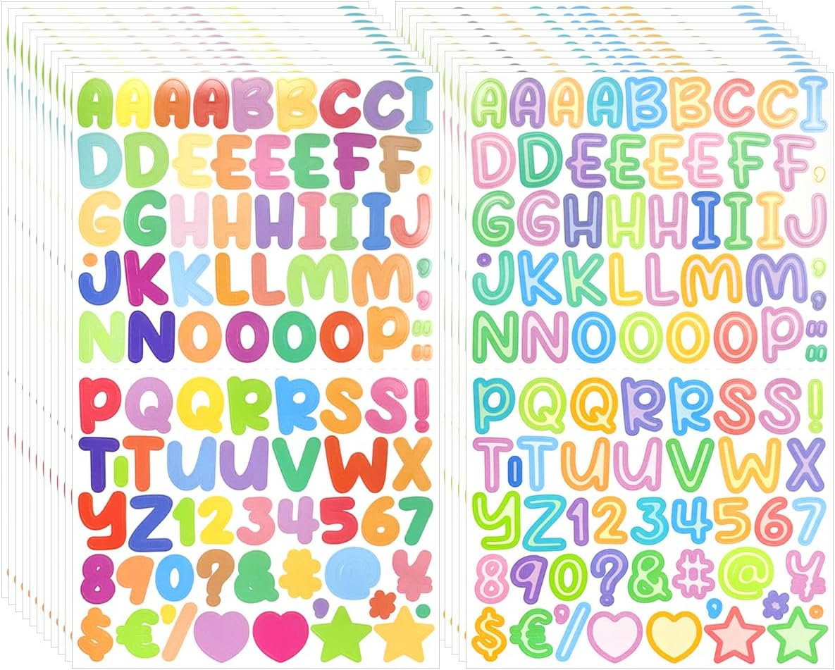 WELANE Number Alphabet Stickers, 1800 PCS Candy Color Letter and Number Scrapbooking Stickers for Sign, Notebook, Classroom Decor (20 Sheets, 2 Styles)