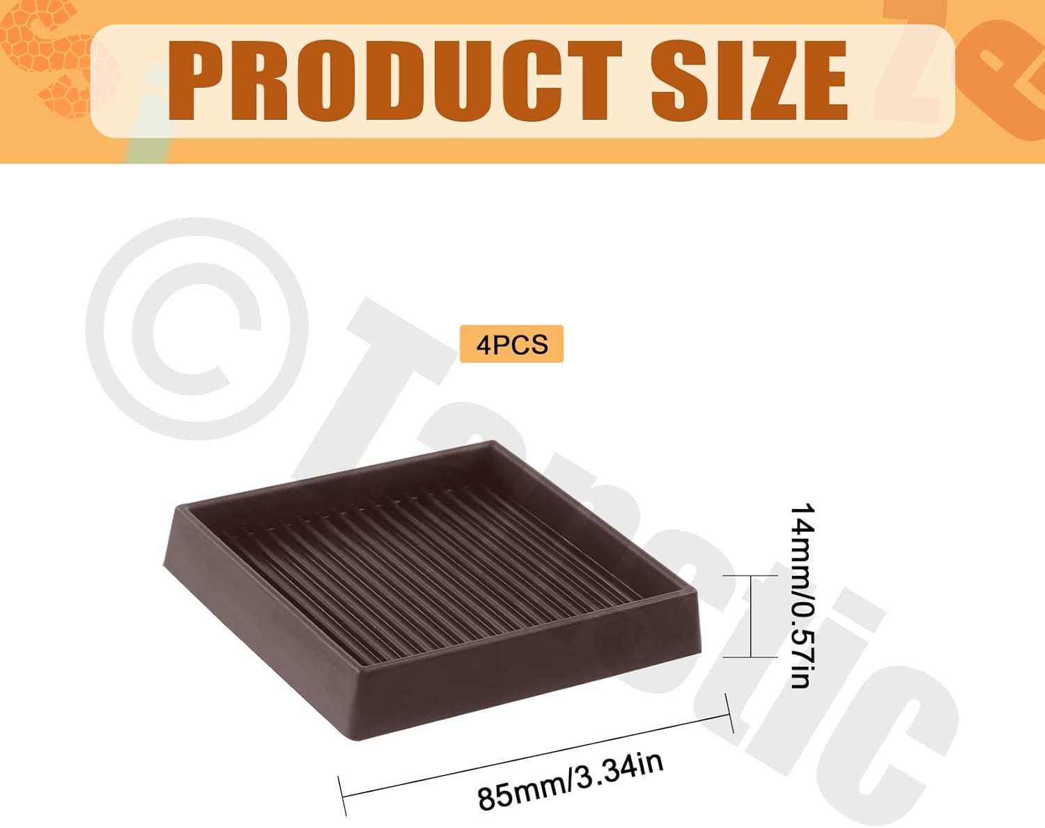 Tanstic 4Pcs 3X3 Square Rubber Furniture Caster Cups with Anti-Sliding Floor Grip Square Rubber anti Skid Caster Cups Non Slip Furniture Pads for Sofa Bed Chair(Brown) image number 3