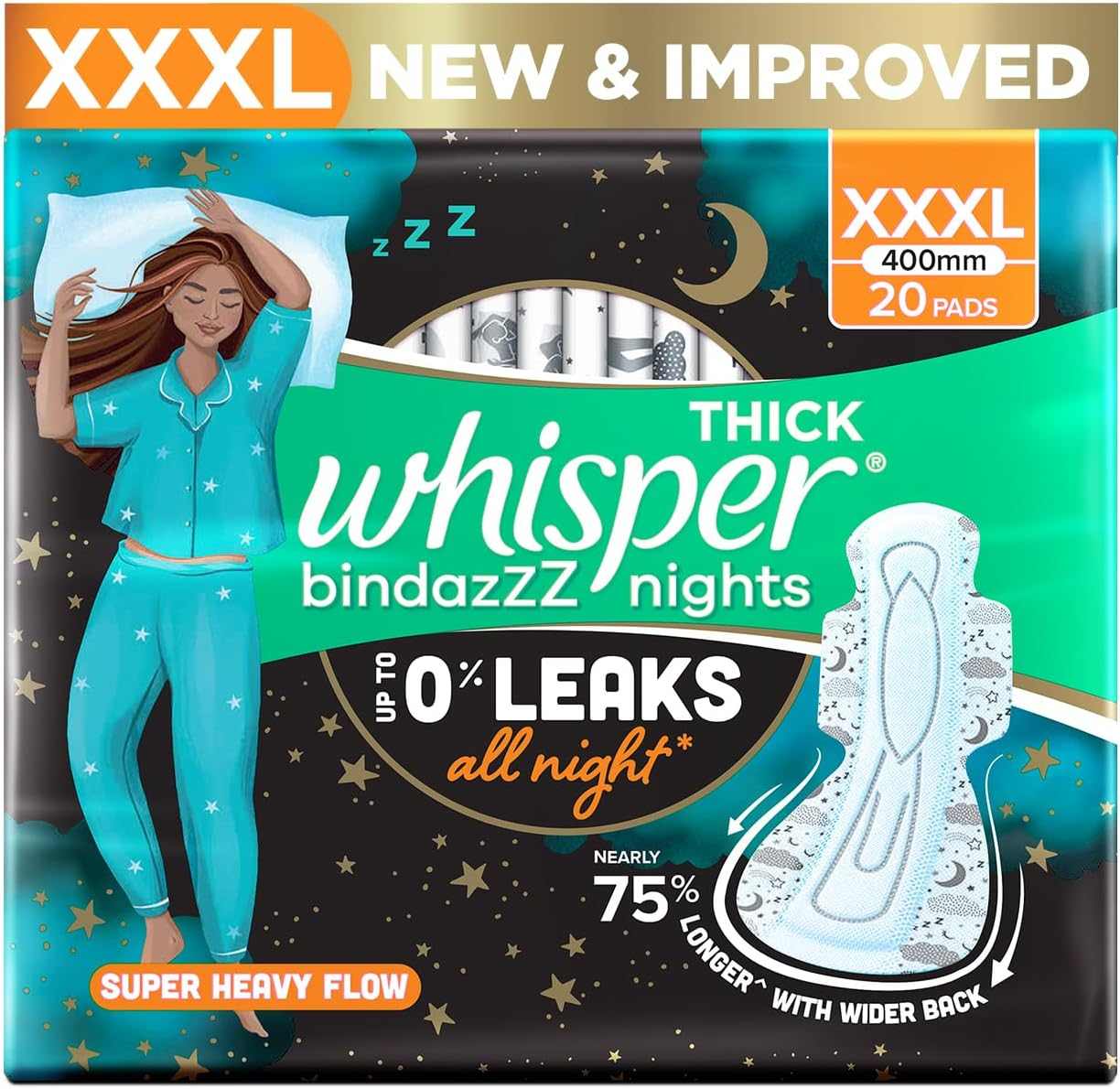Whisper Ultra Night Sanitary Pads for Women, XXXL 20 Napkins image number 6