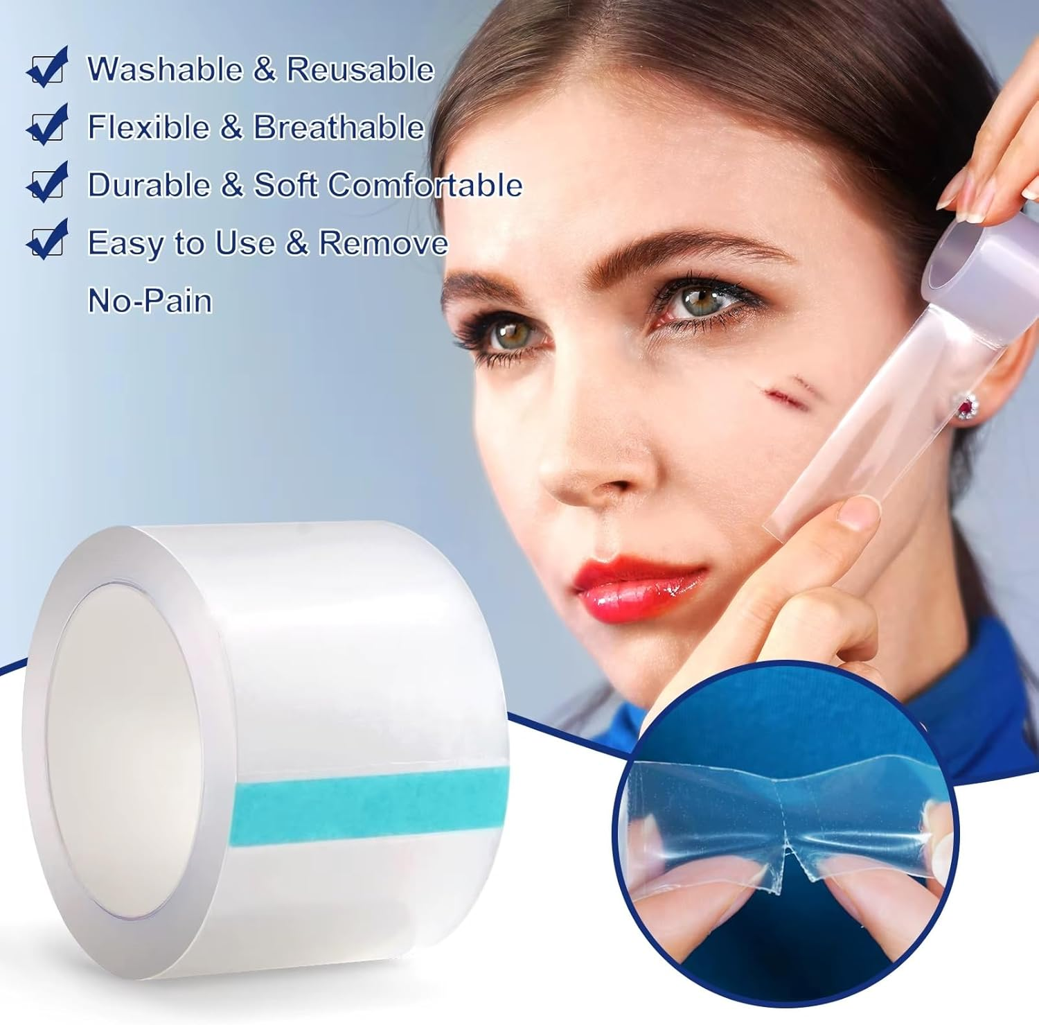 Transparent Silicone Scar Patch Tape ● Reusable, Clear, Invisible, Waterproof, Breathable Strips ● Lightens and Removes Scratches ● for Old and New Scars ● (2,5Cm*150Cm), image number 3