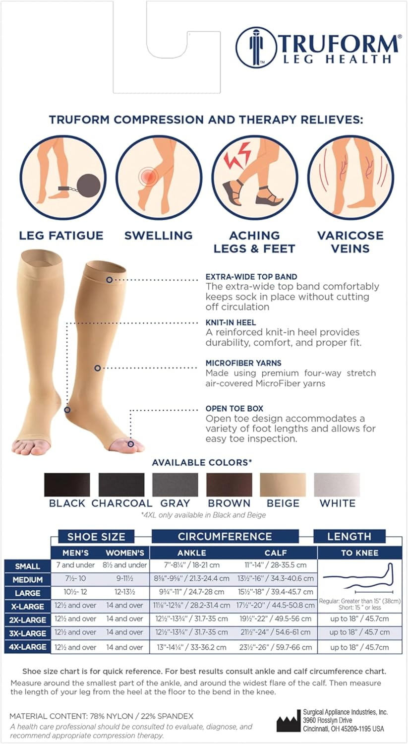 Truform 20-30 Mmhg Compression Stocking for Men and Women, Knee High Length, Open Toe, Beige, Medium image number 1