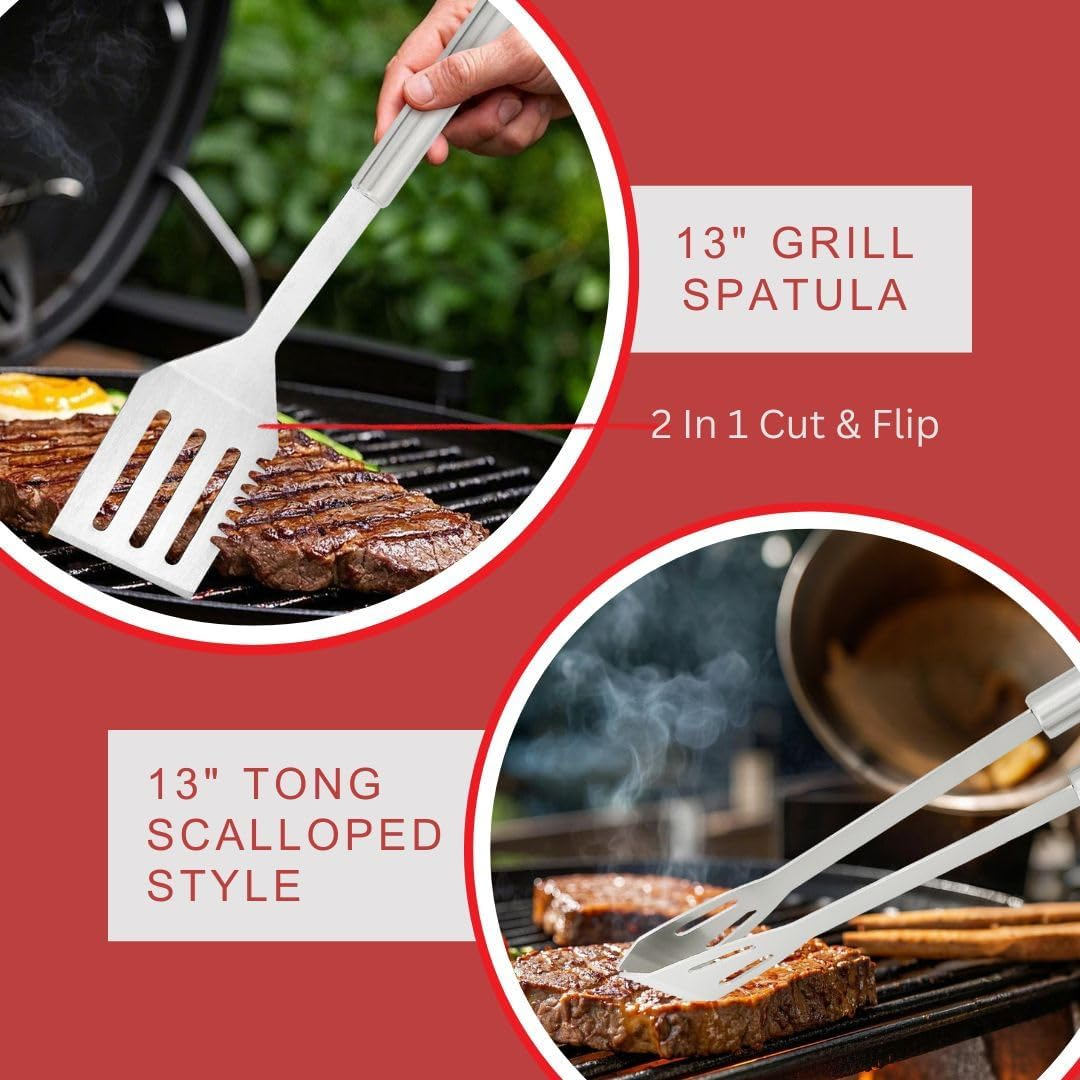 Stainless Steel BBQ Grill Tool Set - BBQ Accessories & Grill Tools, Durable Stainless-Steel Utensils, Spatula, Tongs, Cleaning Brush & More, Grilling Gift for Men, Dad Outdoor Gifts image number 5