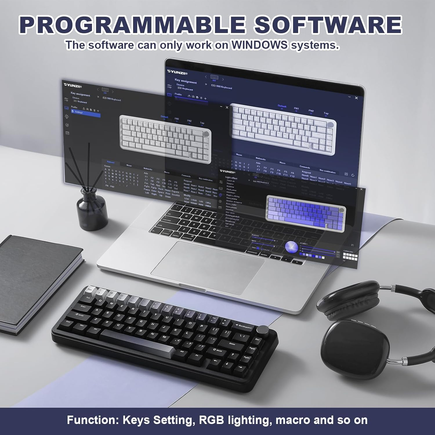 YUNZII B68 Wireless Cute Keyboard, Gasket Gaming Hot Swappable Creamy Keyboard with Knob, RGB, Bluetooth/2.4G/Type-C, Double Shot Rainbow Keycaps for Win/Mac (Black, Cocoa Cream V2 Switch) image number 6