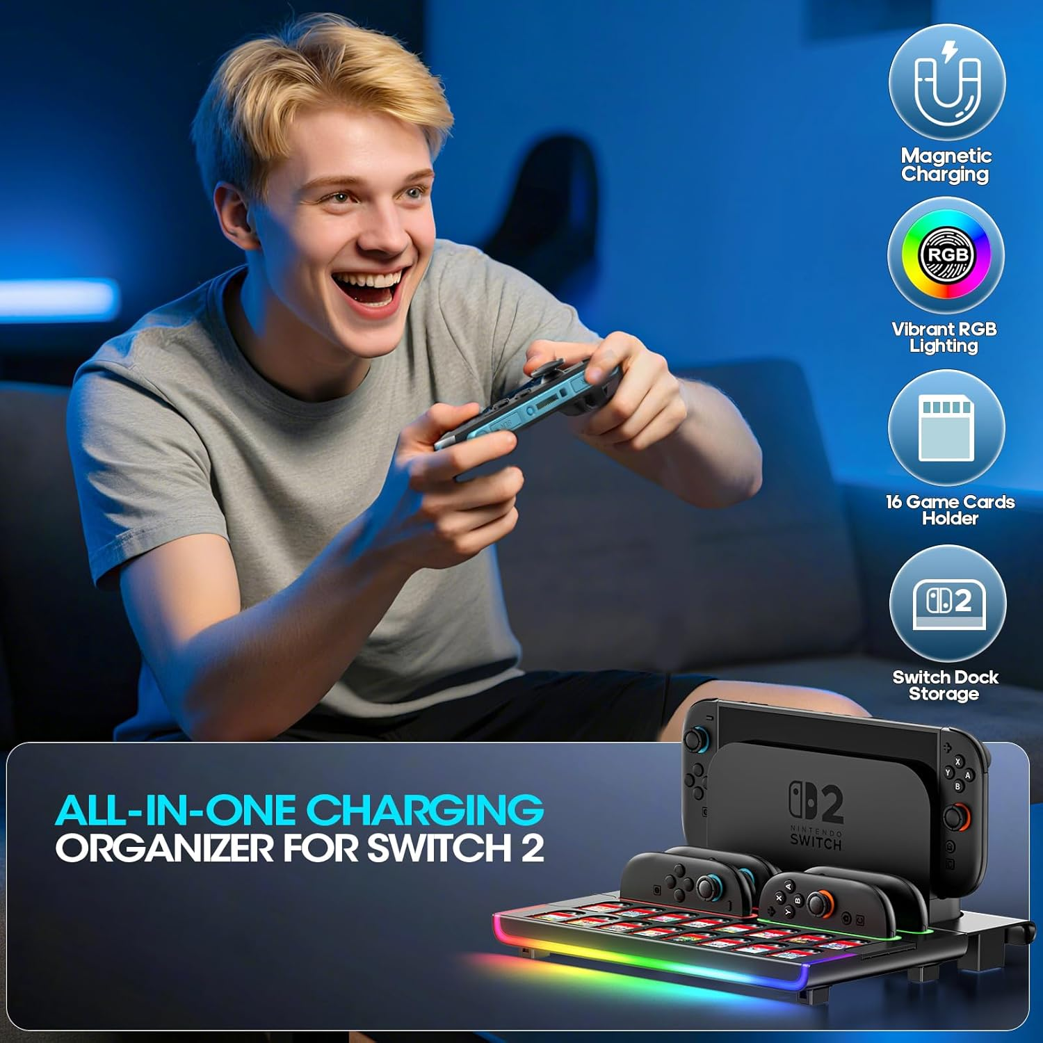 Switch 2 Organiser Station for 2025 NS2 Controllers & Console, Magnetic Switch 2 Controller Charger Dock with 9 RGB Modes, Switch 2 Joycon Charging Dock with 16 Game Card Slots, NS2 Storage Organizer image number 4