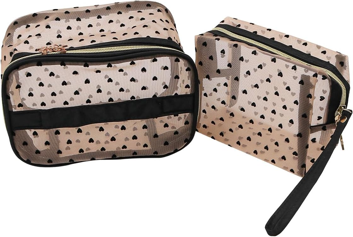 Set of 2 NUZAMAS Mesh Cosmetic Bag Heart Pink Portable Makeup Pouch Travel Toiletry Bag Mini Zipper Mesh Pouch Makeup Organizer for Home Office Travel Women Girls image number 2