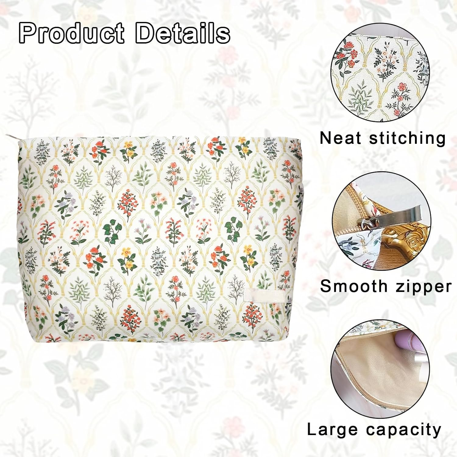 Cute Cosmetic Bag Large Capacity Travel Cosmetic Bag Fun Zipper Bag Portable Plant Flower Toiletry Bag Travel Accessories for Storage and Organizing Suitable for Girls and Women Gifts image number 4