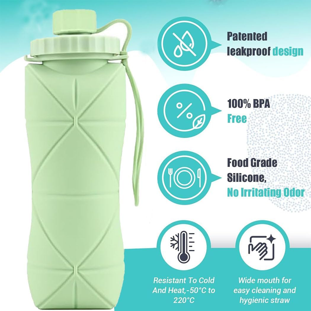 Idopick Collapsible Water Bottle, Leak-Proof Silicone Foldable Water Bottles Cup for Travel, Easy-To-Carry Design and Compact Size for Gym Travel Camping Hiking Running, BPA Free, Green image number 4