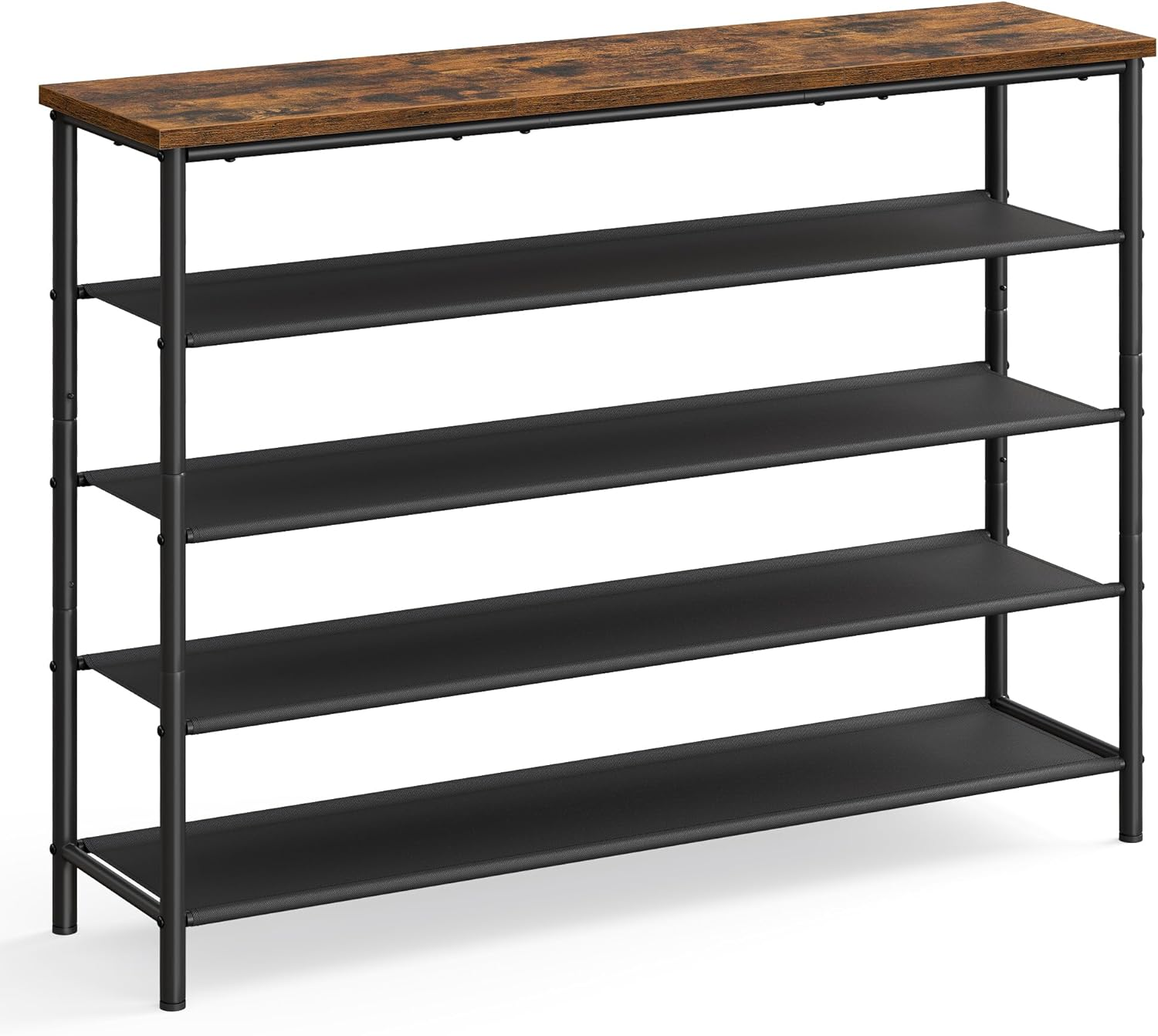 VASAGLE Shoe Rack, 5 Tier Shoe Storage Rack for 12-16 Pairs of Shoes, Shoe Organizer for Entryway, with 4 Fabric Shelves and Wooden Top, Steel Frame, Industrial, Rustic Brown and Black ULBS036B01