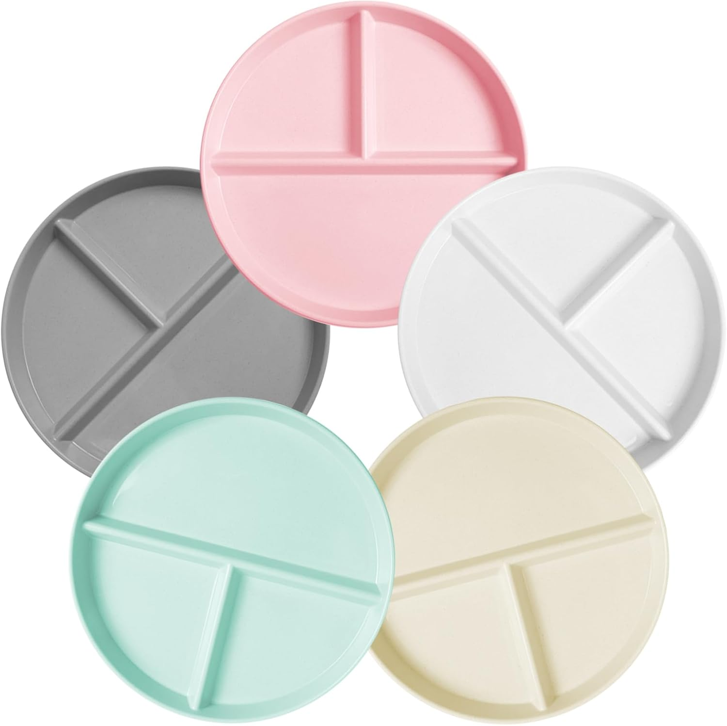 WAYGYMBBD Unbreakable Divided Plates for Kids Adults 9 Inch 5Pcs，Round Portion Control Plate,3 Compartment Plates with Dividers，Microwave and Dishwasher Safe image number 4