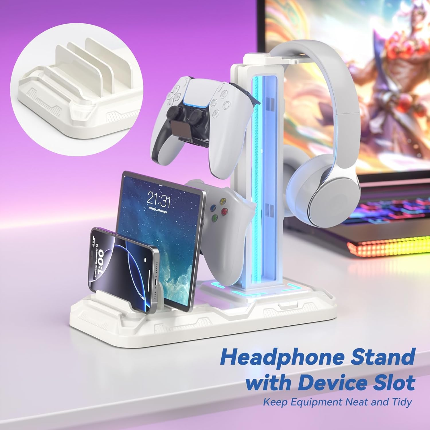 KDD Headset Stand with Charging Station - Detachable Controller Holder with 9 Light Modes - Rotatable Headphone Hanger with USB A&C Charger Ports - Earphone Hook for PC Gaming Accessories Storage image number 6
