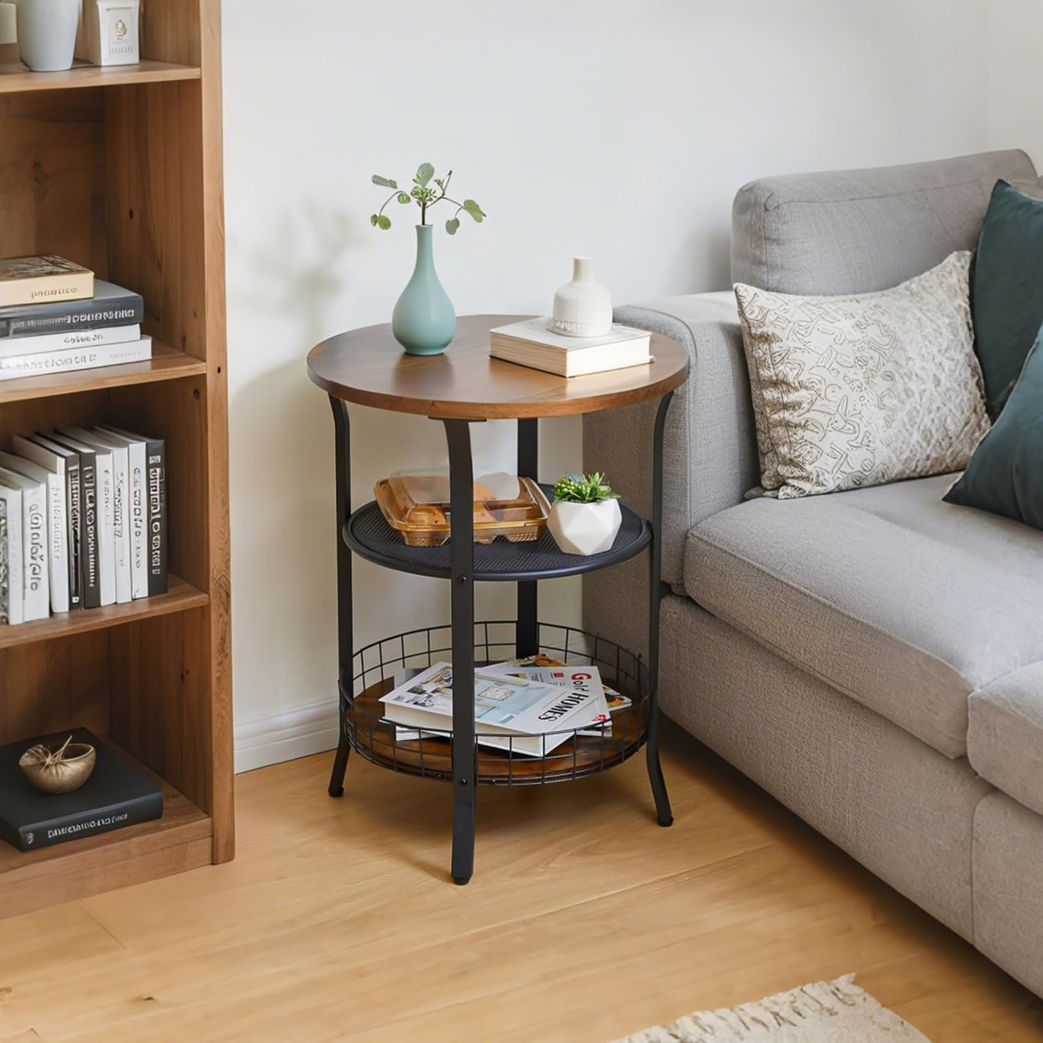 Round Side Table &ndash; Industrial Style Wooden & Metal Side Table with Storage Shelf, Rustic Brown, for Living Room, Bedroom, Office & Kitchen image number 4