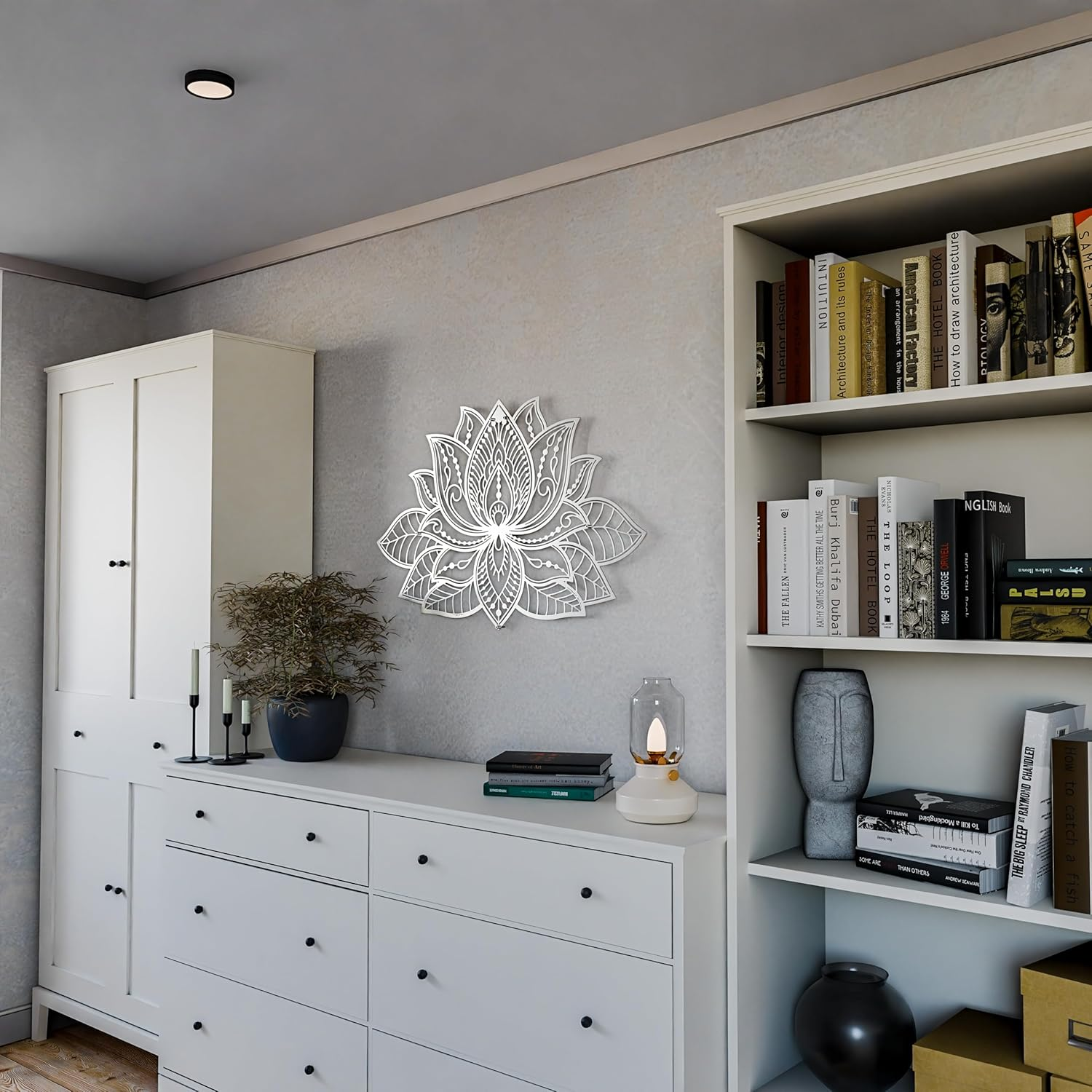 Iwa Concept Mandala Metal Wall Decor, Lotus Flower Meditation Room Decor, Minimalist Zen Garden Bohemian New Year (26.3" X 17" | 67 X 43 Cm, Silver) image number 2