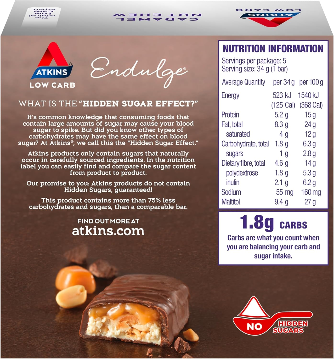 Atkins Endulge Caramel Nut Chew Bars | Keto Friendly | 5 X 34G Low Carb Caramel Chocolate Bars | Low Carb, Low Sugar, High Fibre | 5 Bar Pack image number 2