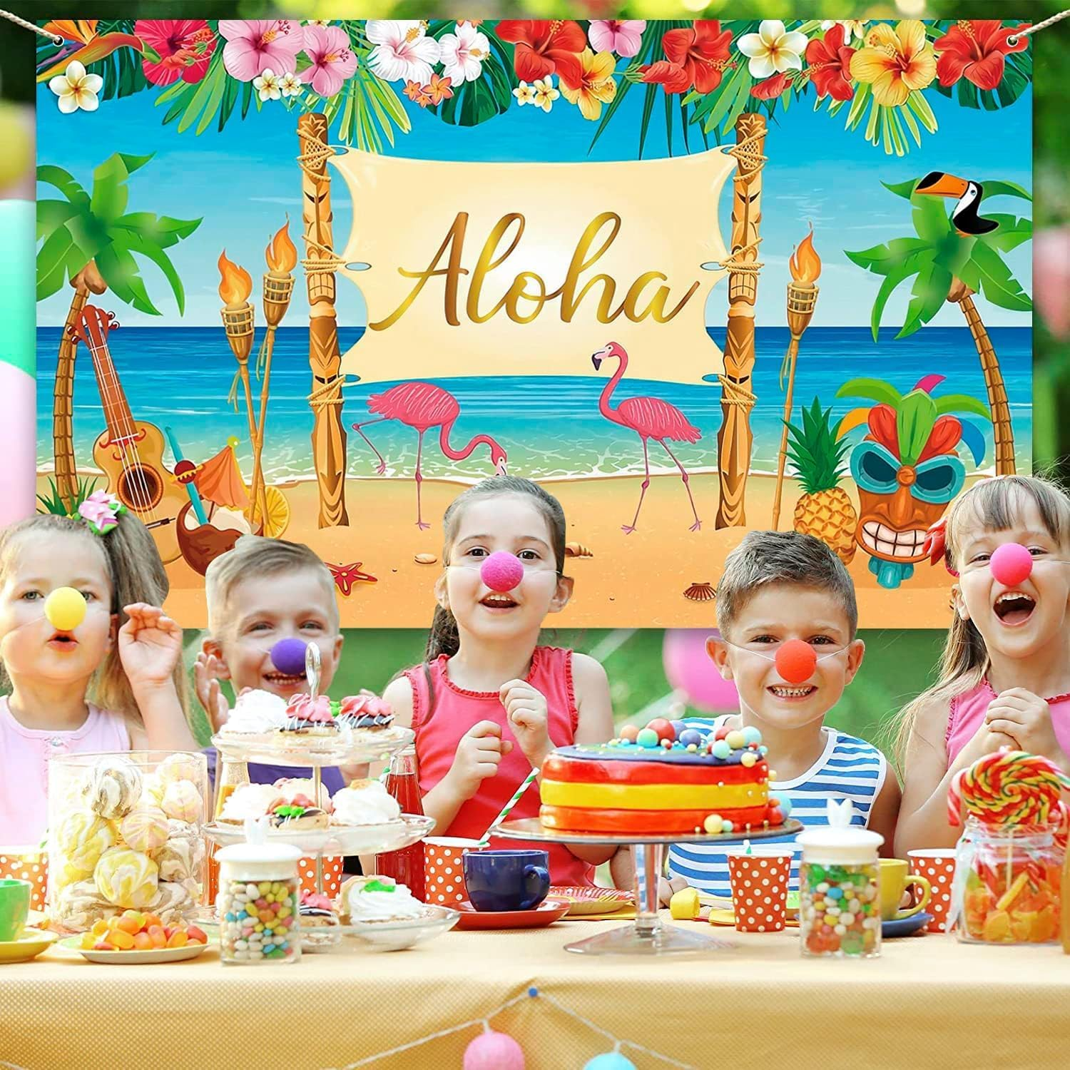 Hawaiian Aloha Party Decoration, Extra Large Summer Luau Beach Party Banner Backdrop Background Photography for Birthday Musical Party Baby Shower Tropical Tiki Themed Decoration, 72.8 X 43.3 Inch image number 4