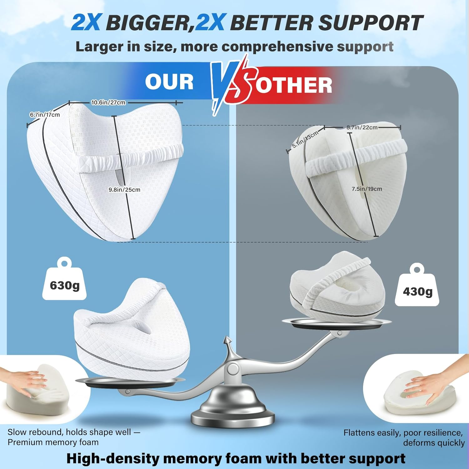 Knee Pillow, Soft Memory Foam Leg Pillows, Cool Ice Silk Hip Support Pillow for Side Sleeper, Body Pillow for Spine Alignment, Sciatica Relief, Post Injury Recovery - with Adjustable Strap (White)