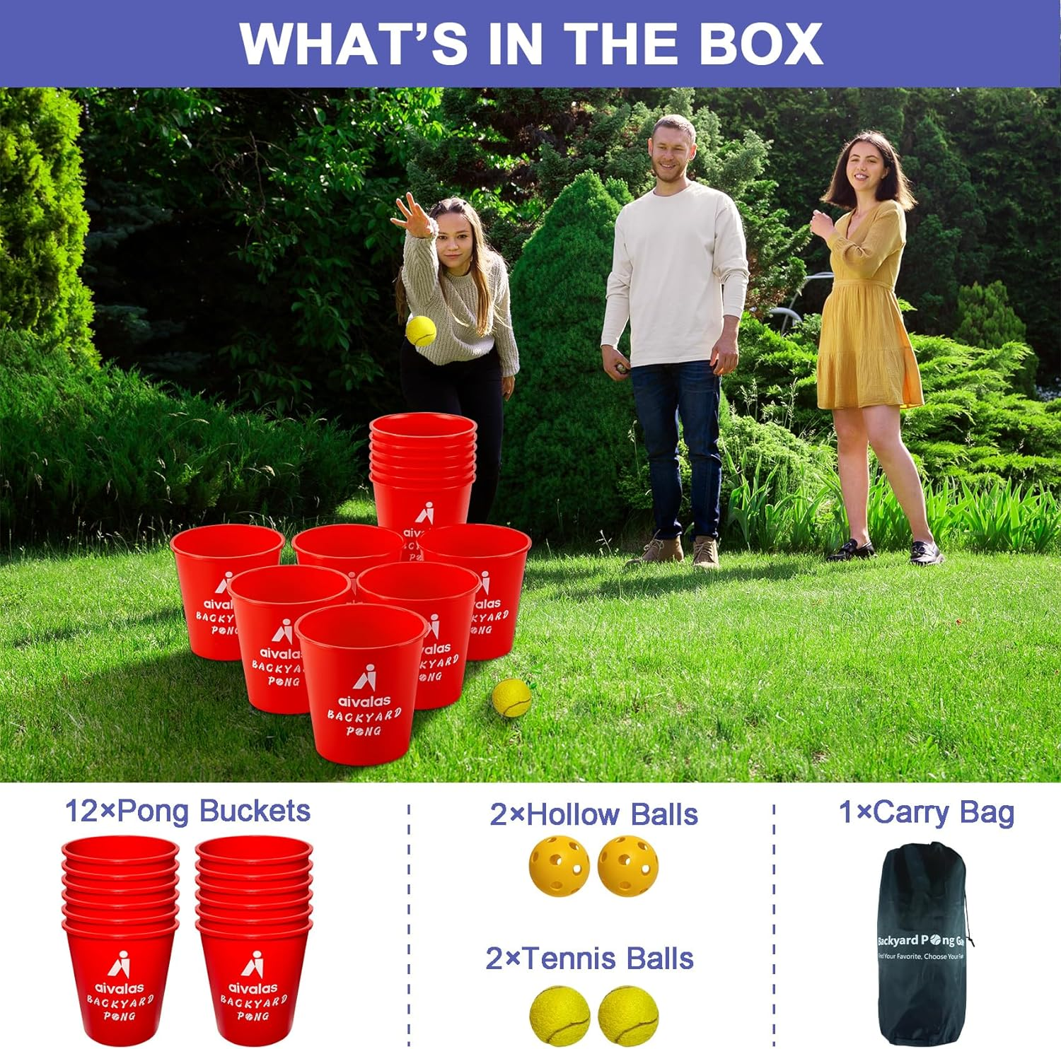 Yard Pong Outdoor Games, Giant Yard Games Set with 12 Buckets and Balls for Adults and Family, Toss Game Throwing Games for Beach, Camping, Lawn and Backyard image number 5
