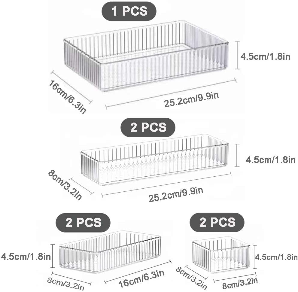 7 Pack Clear Drawer Organizers Storage Bins, 4 Size Plastic Makeup Organisers Bin,Stackable Cosmetics Drawer Organizer Trays, Desktop Storage Organization image number 2