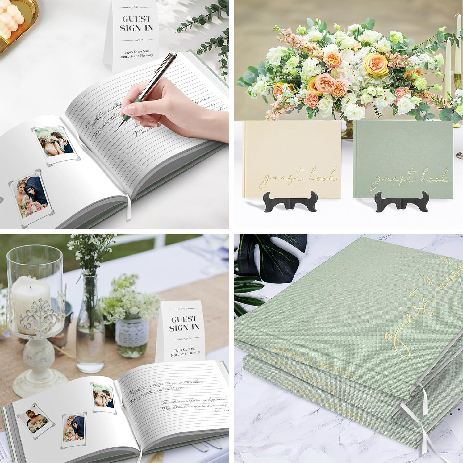 Wedding Guest Book for Memorial Service, Half Blank and Lined Guestbook Alternative with Table Sign, 108 Polaroid Photo Corners Stickers, Baby Shower, 100 Pages - Sage 8X10&rdquo; image number 3