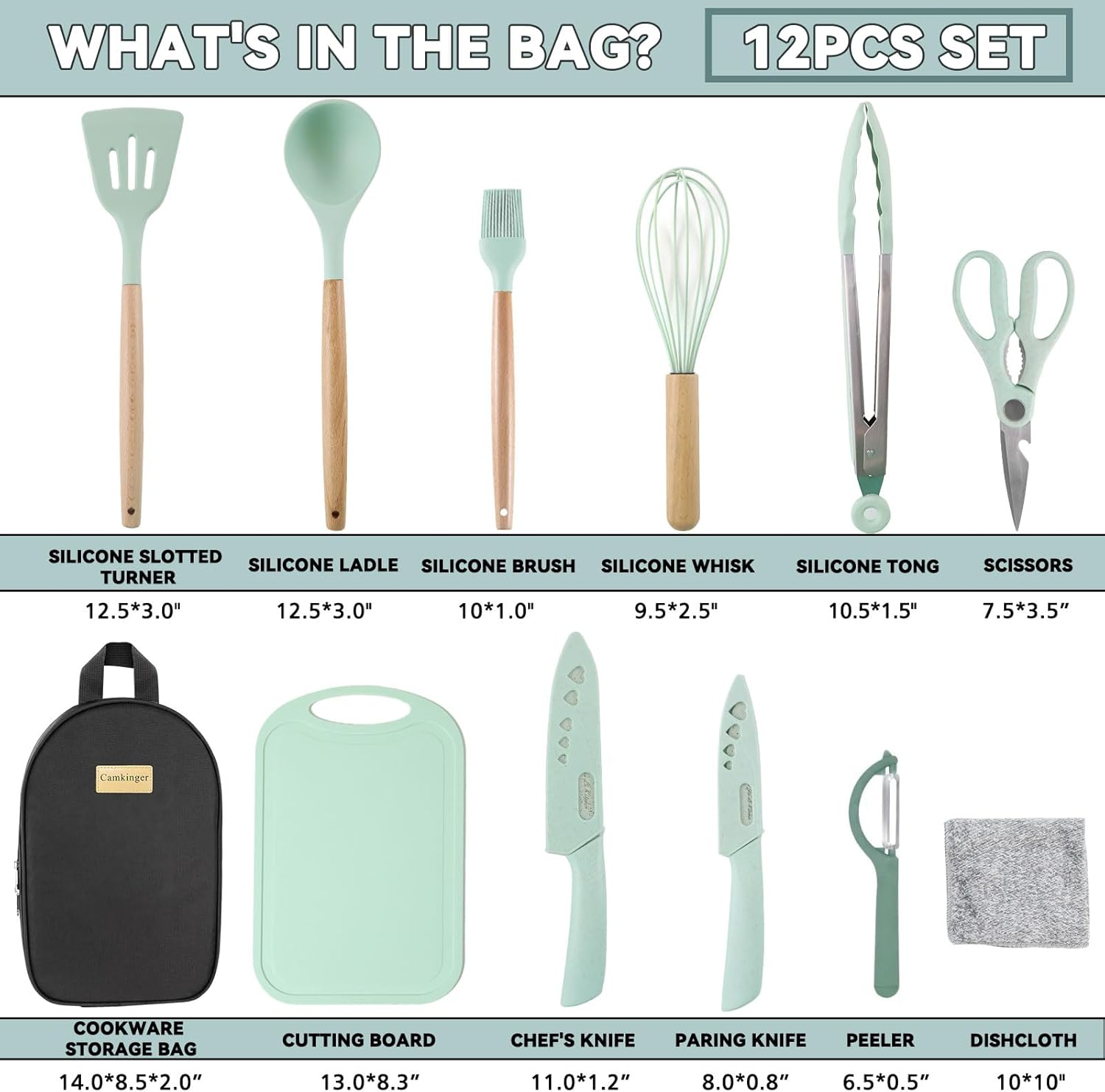 Silicone Camping Cooking Utensils Set - 12Pcs Green Kitchen Cookware Set, Outdoor Camper Accessories with Portable Hand Bag, RV Must Haves Gear for Travel BBQ, for Camper image number 5