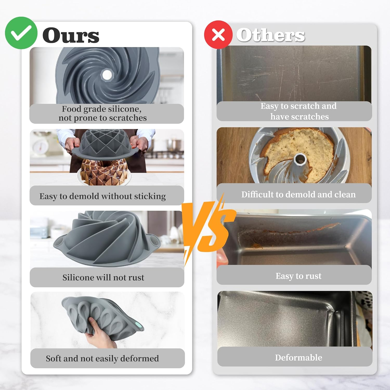 Tongjude 4 Pieces Silicone Fluted Cake Pans, 10/12 Cups Tube Baking Pan, Silicone Molds for Homemade Cake, Bread and Jello, Non-Stick, Grey