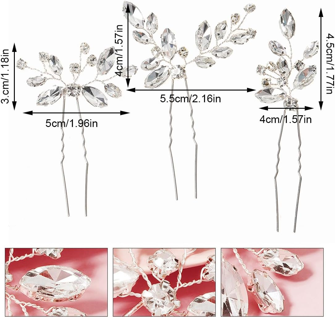 Pack of 3 Silver Crystal Hair Accessories Bride Wedding Hair Pins Headpiece Wedding Hair Clips Leaves Wedding Hair Pins U-Shaped Wedding Hair Clips for Women Girls image number 4