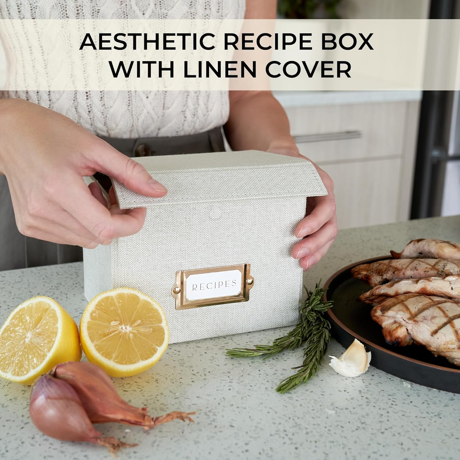 ZICOTO Beautiful Linen Recipe Box - Fits 4X6 Inch Recipe Cards to Easily Organize up to 250 Recipes - a Sturdy Card Holder and Great Gift That Perfectly Fits into Any Kitchen - Cards Not Incl. image number 5