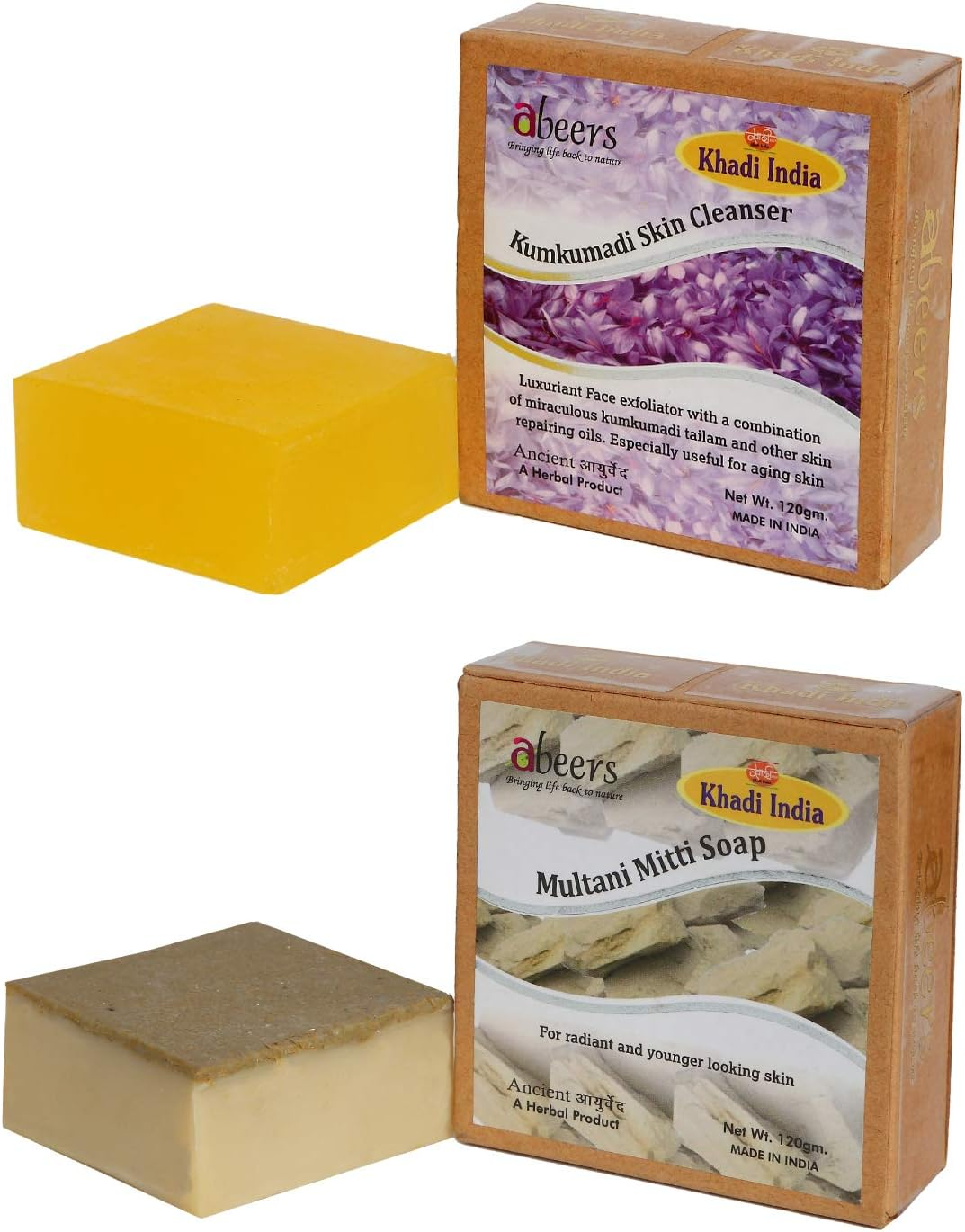 Khadi Abeers Kumkumadi Skin Cleanser & Multani Mitti Luxury Soap, 120 G (Pack of 2)