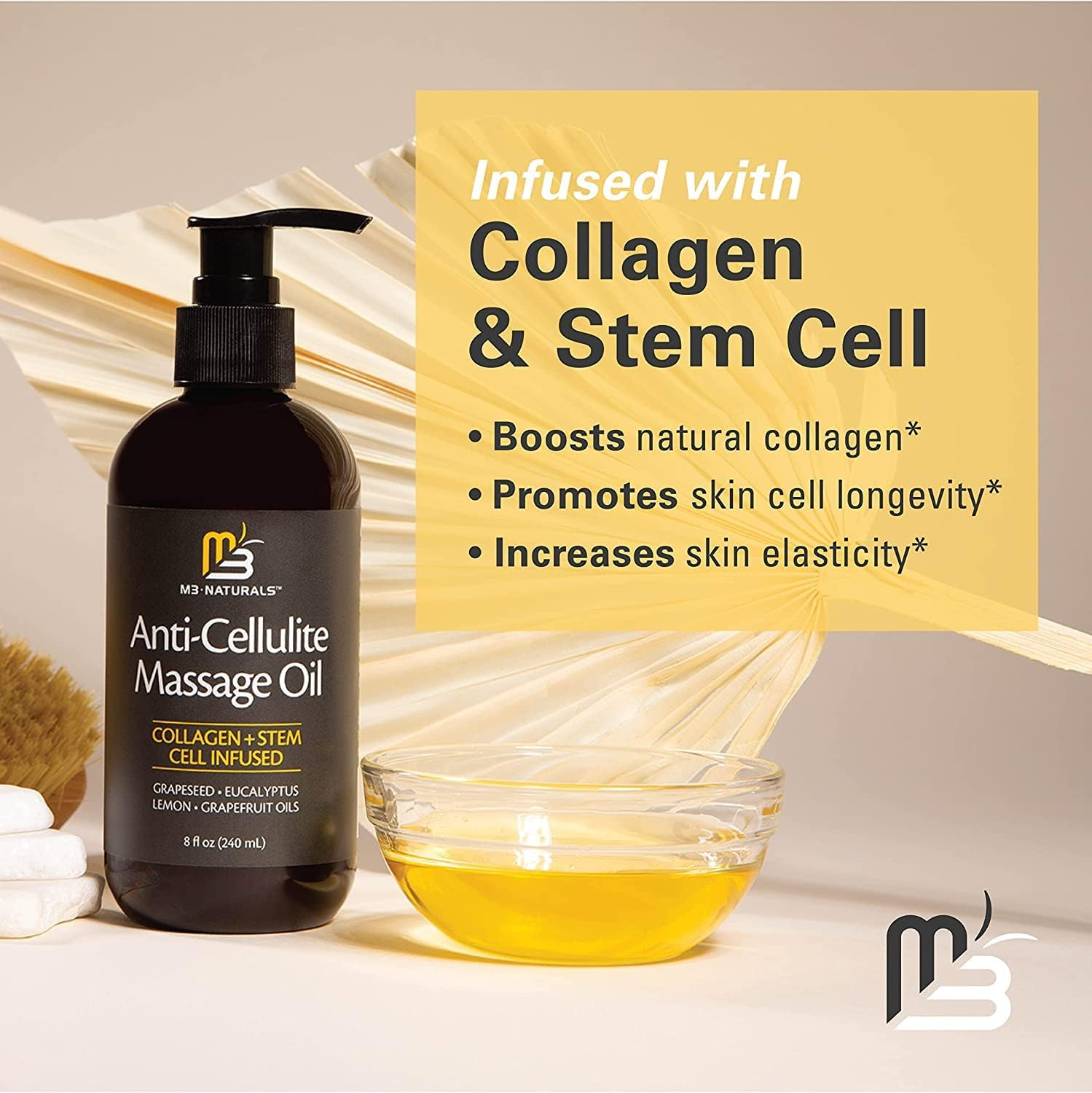 Anti Cellulite Massage Oil for Massage Therapy - Collagen and Stem Cell Skin Tightening Cellulite Cream for Women - 8 Fl Oz by M3 Naturals (2 Pack) image number 3