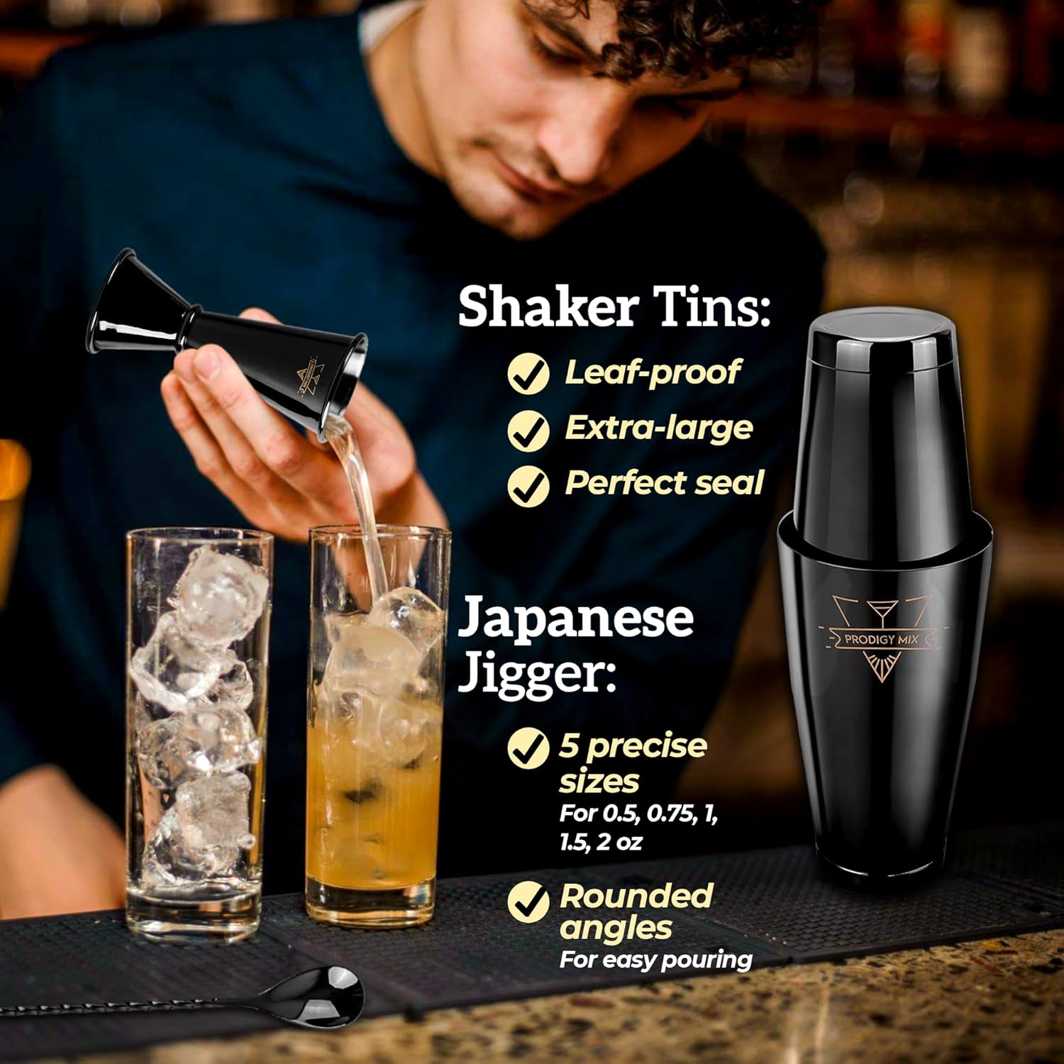 Prodigy Mix the Complete Mixology Bartender Kit 20-Piece Boston Cocktail Shaker Set - Premium Bar Accessories & Tools Set, Bonus Velvet Bag Recipe Cards, Stainless Steel Drink Mixer (Gunmetal-Black) image number 3