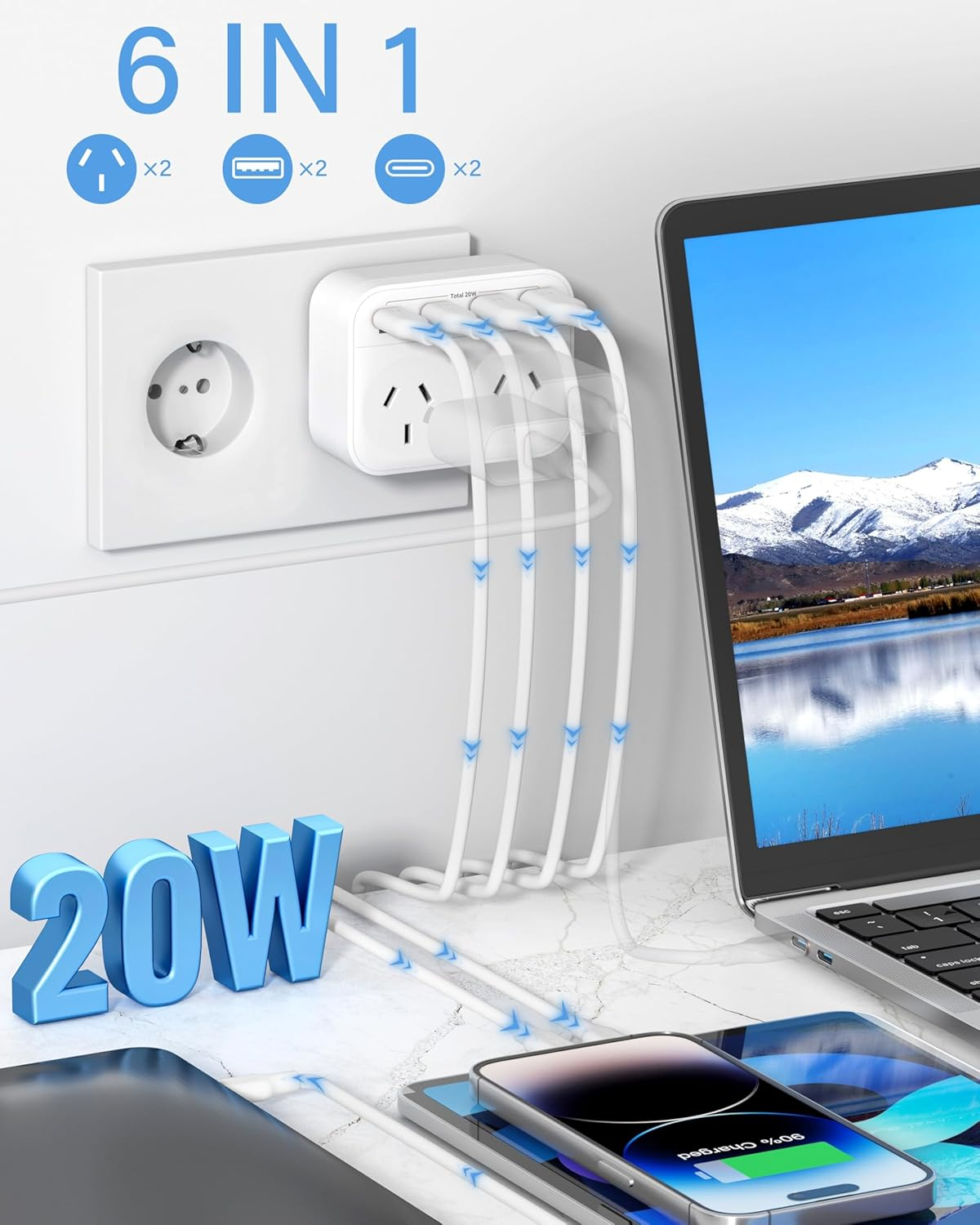 Dawntress Australia to Europe Travel Adapter - EU Travel Adapter with 4 USB Charger, USB-C Outlet Adaptor Power Point，European Travel Adapter for Bali Spain Germany France Portugal Greece Netherlands image number 3