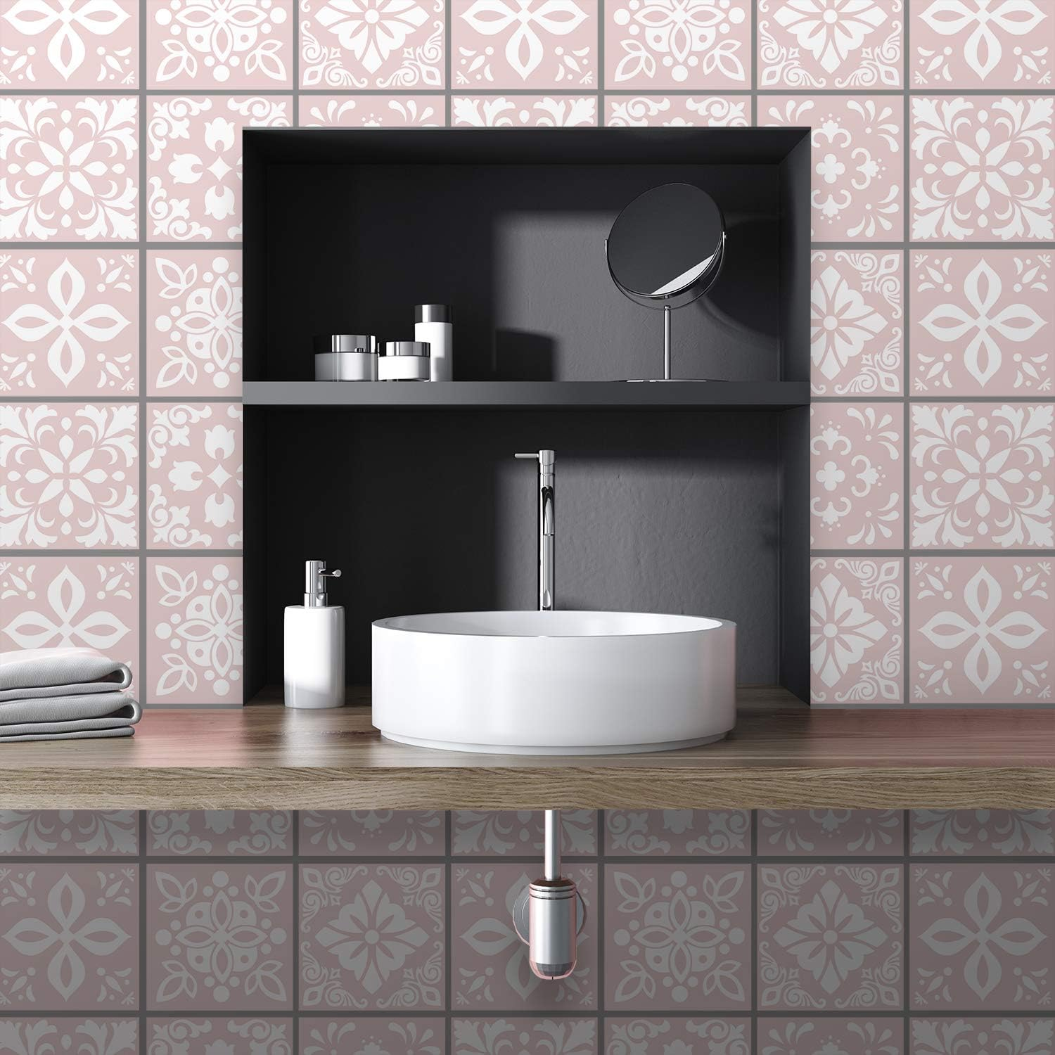 WALPLUS 15Cm 48 Pcs Sevilla Light Pink Wall Tile Stickers Peel and Stick Backsplash Self-Adhesive Vinyl Home Decor DIY Living Room Splashbacks Spring Easter Decoration Tile Paint Stick on Tiles Ideas