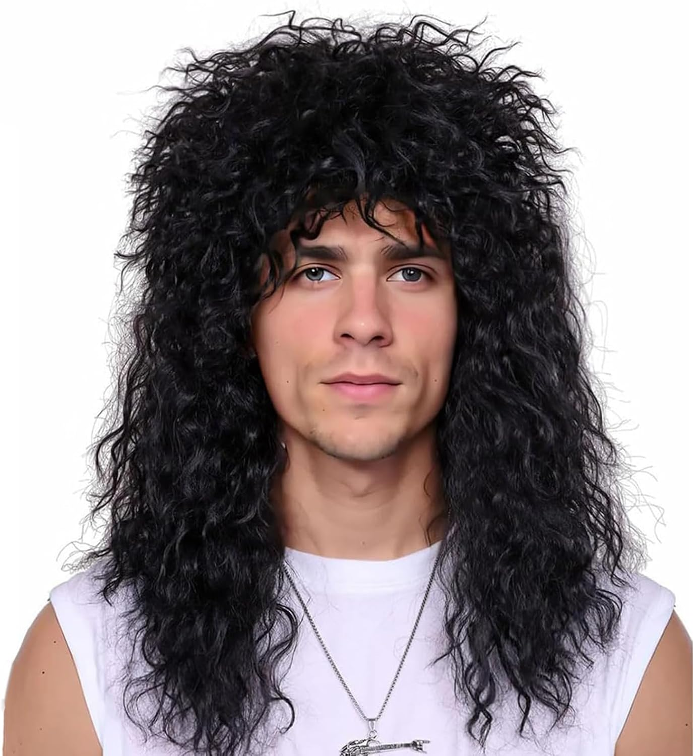 70S 80S Hair Metal Rocker Hippie Costume Accessories - Long Curly Black Synthetic Costume Wig for Halloween, Cosplay, Anime, Themed Parties (Unisex Adjustable Design) image number 3