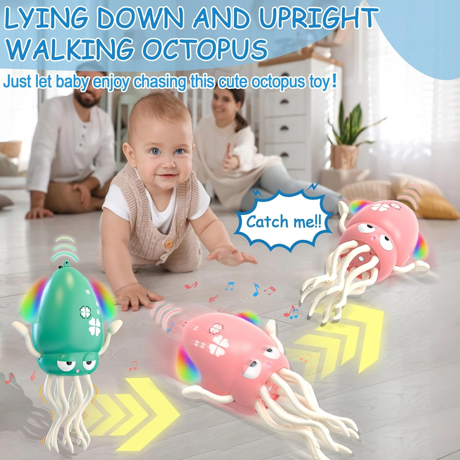Electric Dancing Octopus Baby Toy, Crawling Octopus Tummy Time Toy with LED & Music, Rechargeable Upright＆Crawling Squid Interactive Toys, Toddlers Walking Toy for 3 4 5 6 Year Boy Girl Gifts (Pink) - Green image number 2