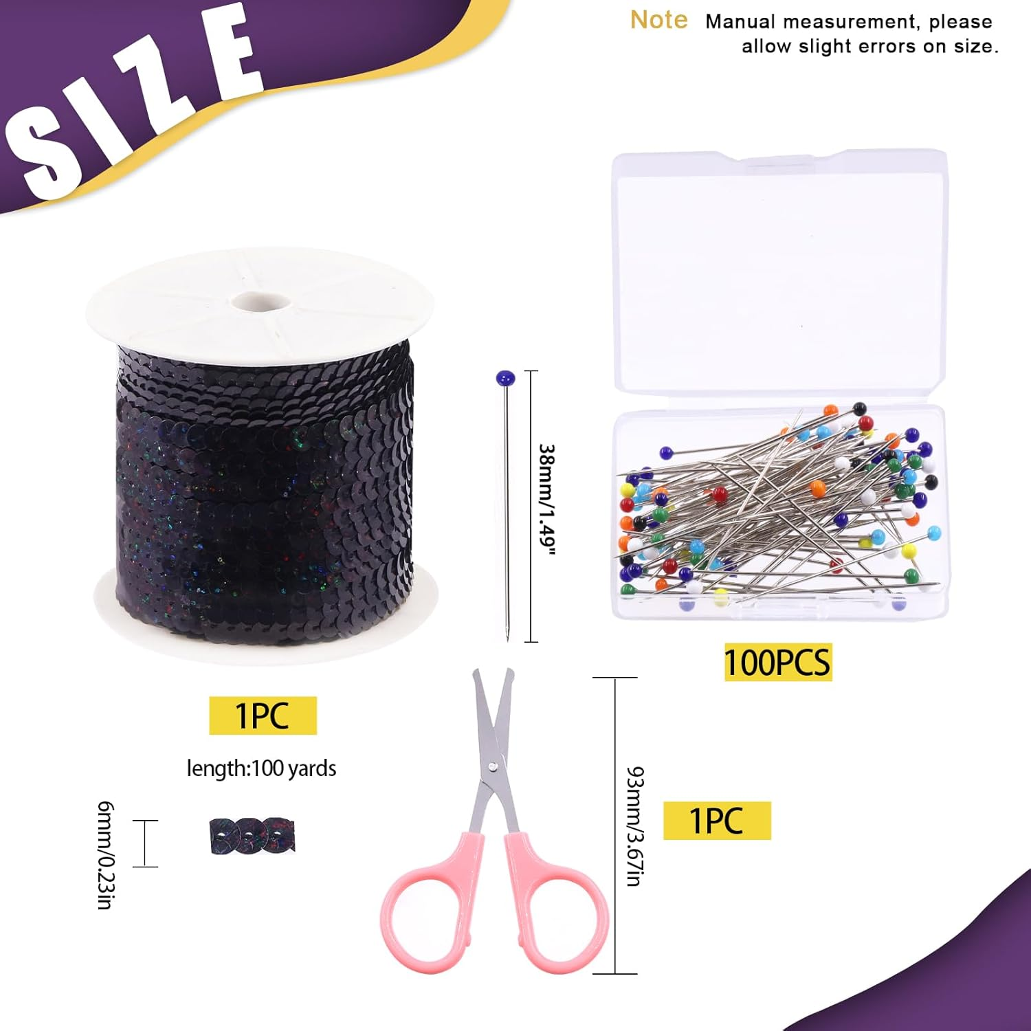 Swpeet 6Mm 100 Yard Black Flat Sequin Strip Teal Sequins Trim Paillette on a Roll and Map Push Pins with Scissors Assortment Kit, Fabric Metallic Stretch Teal Sequin Elastic Trim Embellishments