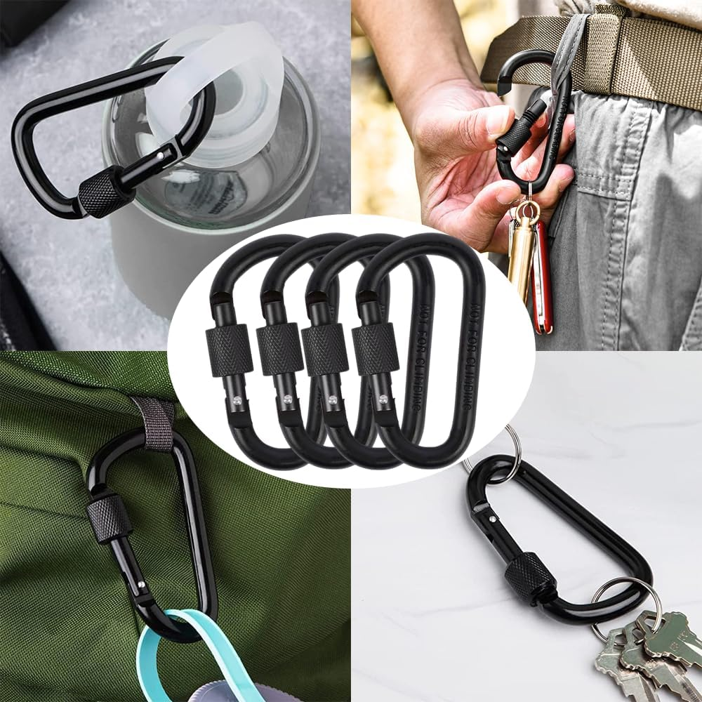 YOFASEN 4PCS Small Black Carabiner Clip - D-Ring Locking Carabiner Clip Heavy Duty with Screw Lock Aluminum Alloy Locking Key Chain Carabiner Clips Hook For, Backpack, Keyring, Hiking image number 6