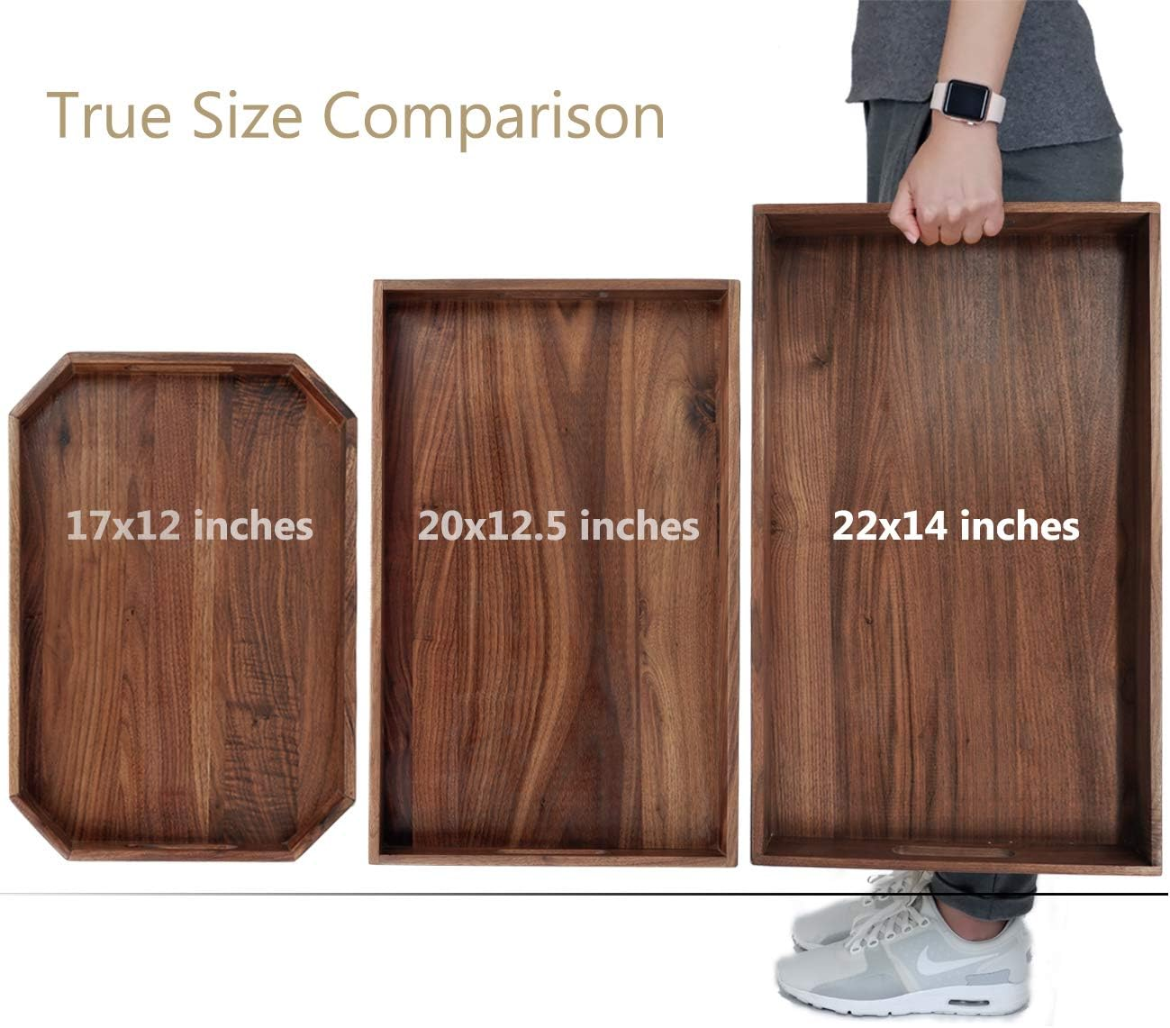 MAGIGO 22 X 14 Inches Large Rectangle Walnut Wood Ottoman Tray with Handles, Serve Tea, Coffee or Breakfast in Bed, Classic Wooden Decorative Serving Tray