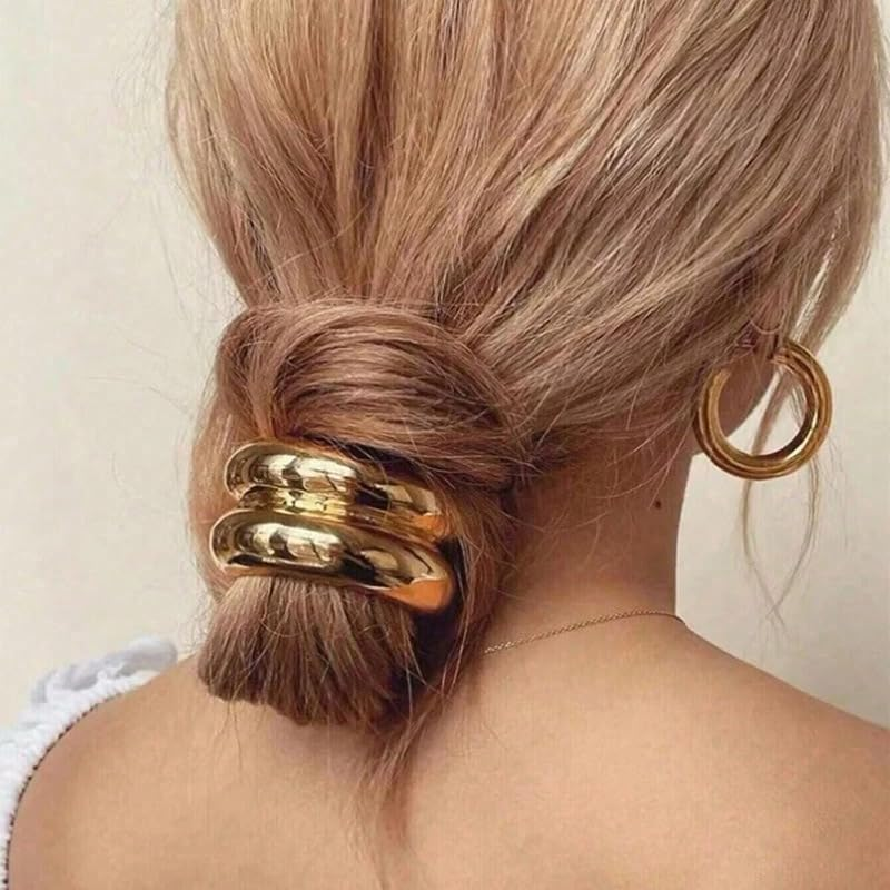 Shoyisenka 3 Pcs Gold Metal Hair Cuffs, Geometric Ponytail Cuff & Elastic Hair Ties, Stylish Hair Bands for Women & Girls, Perfect for Party, Wedding & Daily Use image number 4