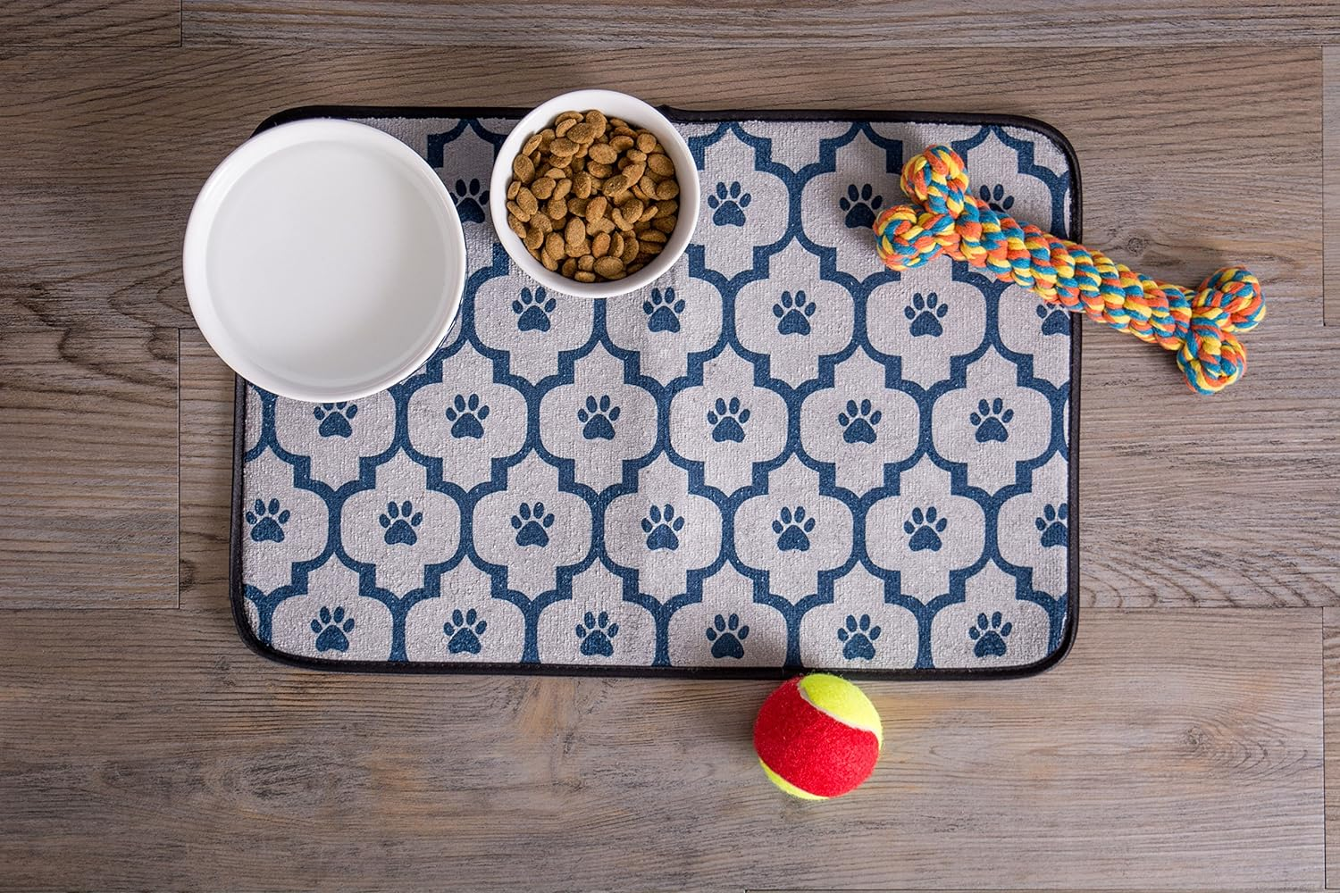 Bone Dry DII Paw Patch & Stripes Ceramic Pet Bowl for Food & Water with Non-Skid Silicone Rim for Dogs and Cats (Medium - 6" Dia X 2" H) Nautical Blue - Set of 2