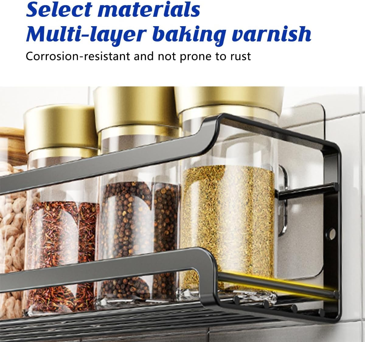 AIMALL 4PCS Stainless Steel Kitchen Seasoning Rack Set Wall Mounted Carbon Steel Punch-Free Spice Storage Shelf with Drainage Design for Bottles and Condiments image number 2