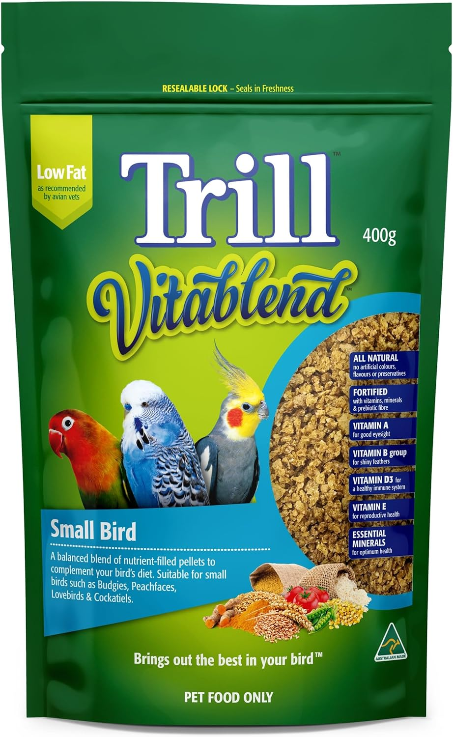 Trill Vitablend Bird Food Pellets for Small Parrots Such as Budgies and Cockatiels 400 G (Pack of 2)