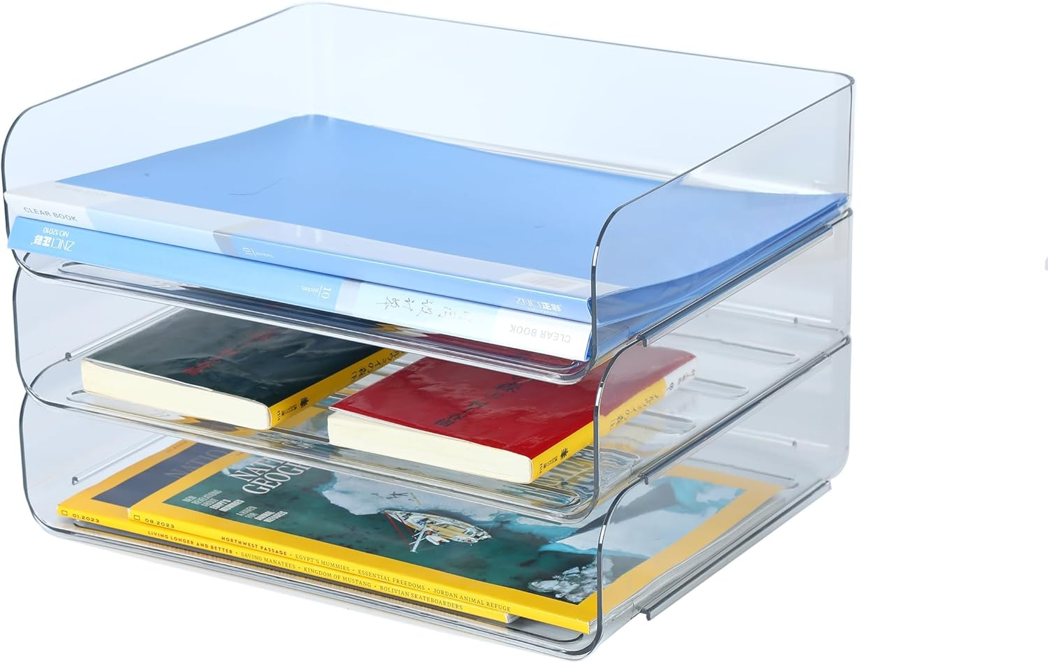 Stackable A4 Paper Trays, Office Desk File Holder, Tidy File Document Letter Book Paper Organizer (Clear-3 Tiers)
