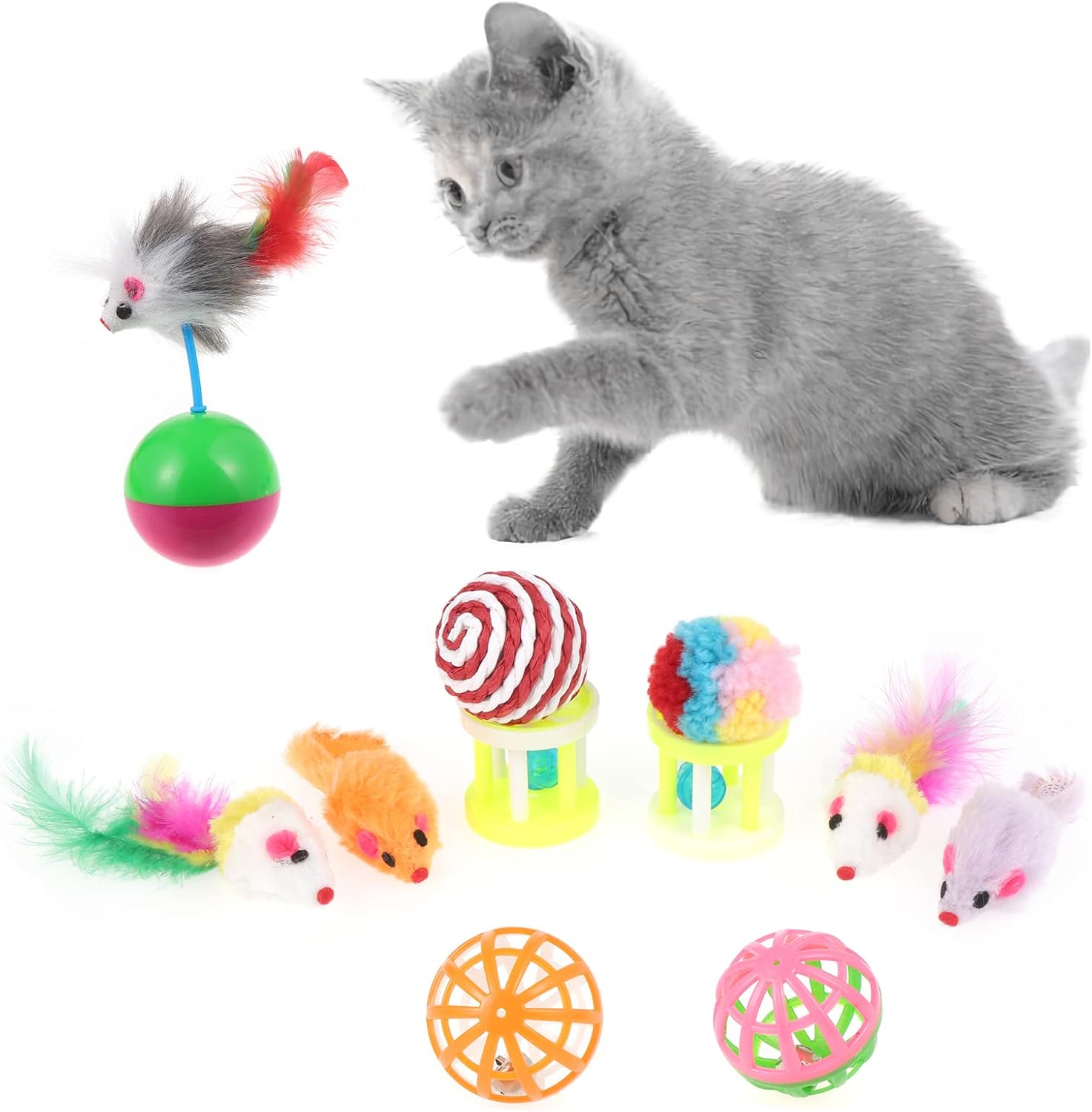 Coolty Pack of 20 Cat Toys with Cat Tunnel Jingle Bell Balls Catnip Fish Cat Toy Mice Feather Toy Plush Toy Interactive Cat Toy for Cats Kittens