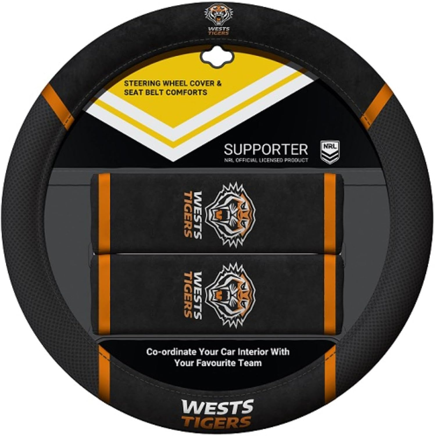 Sperling WEST Tigers Official NRL Steering Wheel Cover and Seat Belt Cover Set image number 1